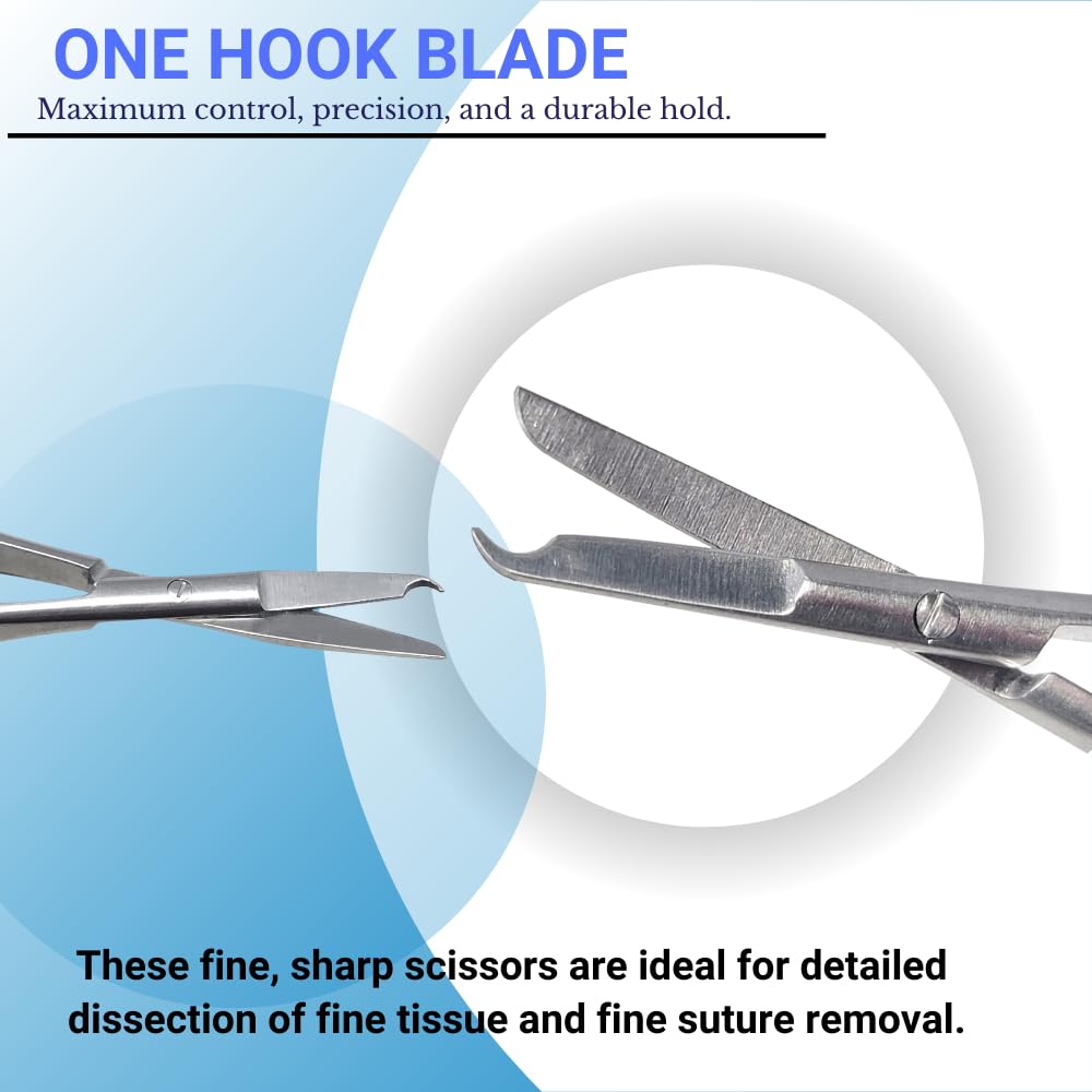 Surgical Castroviejo Stitch Scissors With One Hook Blade & Spring Action Handle Stainless Steel Lightweight Shears Used in Medical Labs & Training Centres (4.5 INCH)