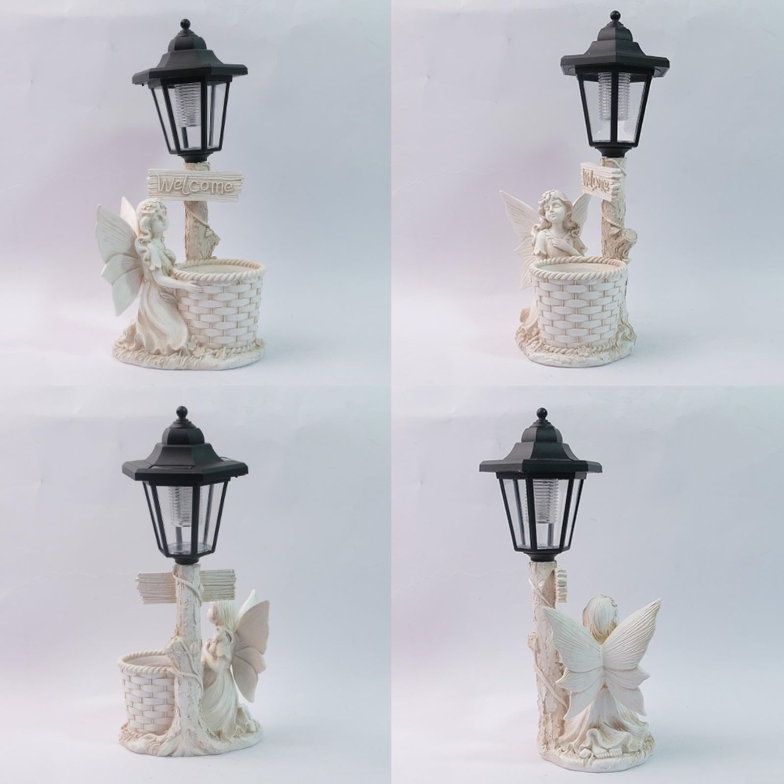 Maceta solar de resina de estilo europeo, estatua de jardín decorativa hecha a mano con luz nocturna LED, IP44 impermeable, decoración de paisaje al aire libre para patio, acabado de cobre (D)