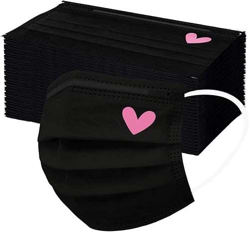 50 máscaras faciales desechables negras, con diseño impreso de corazón rosa lindo para mujeres adultas, de 3 capas (#05)
