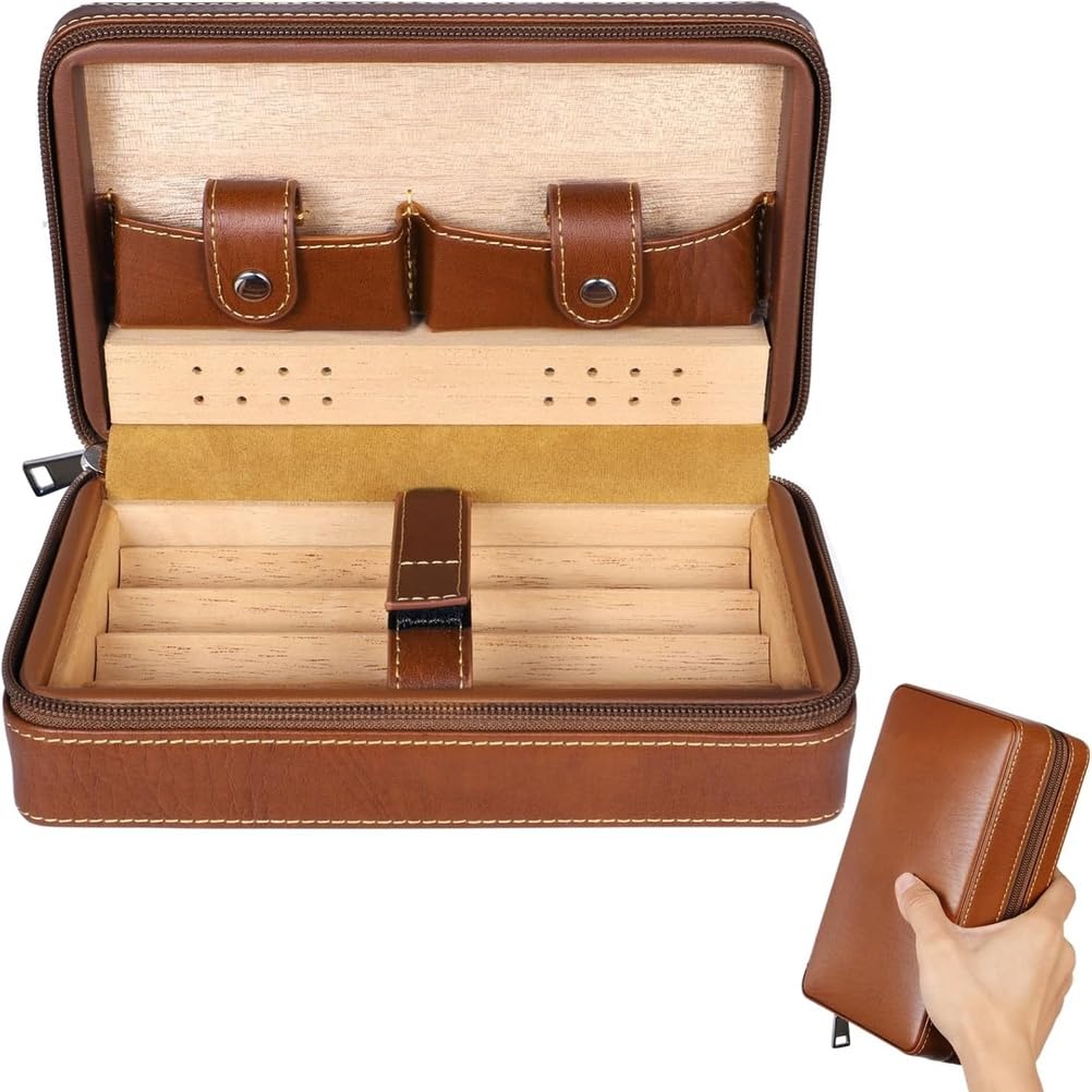 Custodia portatile per sigari in pelle con cerniera e rivestimento in legno di cedro – Contiene fino a 4 sigari – Regalo di lusso per compleanno o festività per padre, marito, uomini