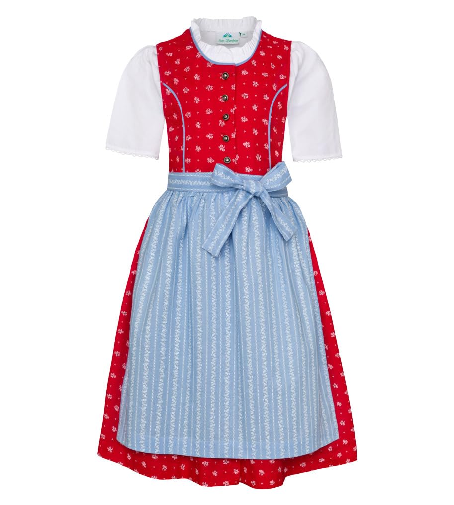 Isar-Trachten Dziecięcy Dirndl 3-częściowy czerwona sukienka/biała bluzka/jasnoniebieski fartuch dla dziewczynek Oktoberfest kościelne wesele niedzielna wycieczka