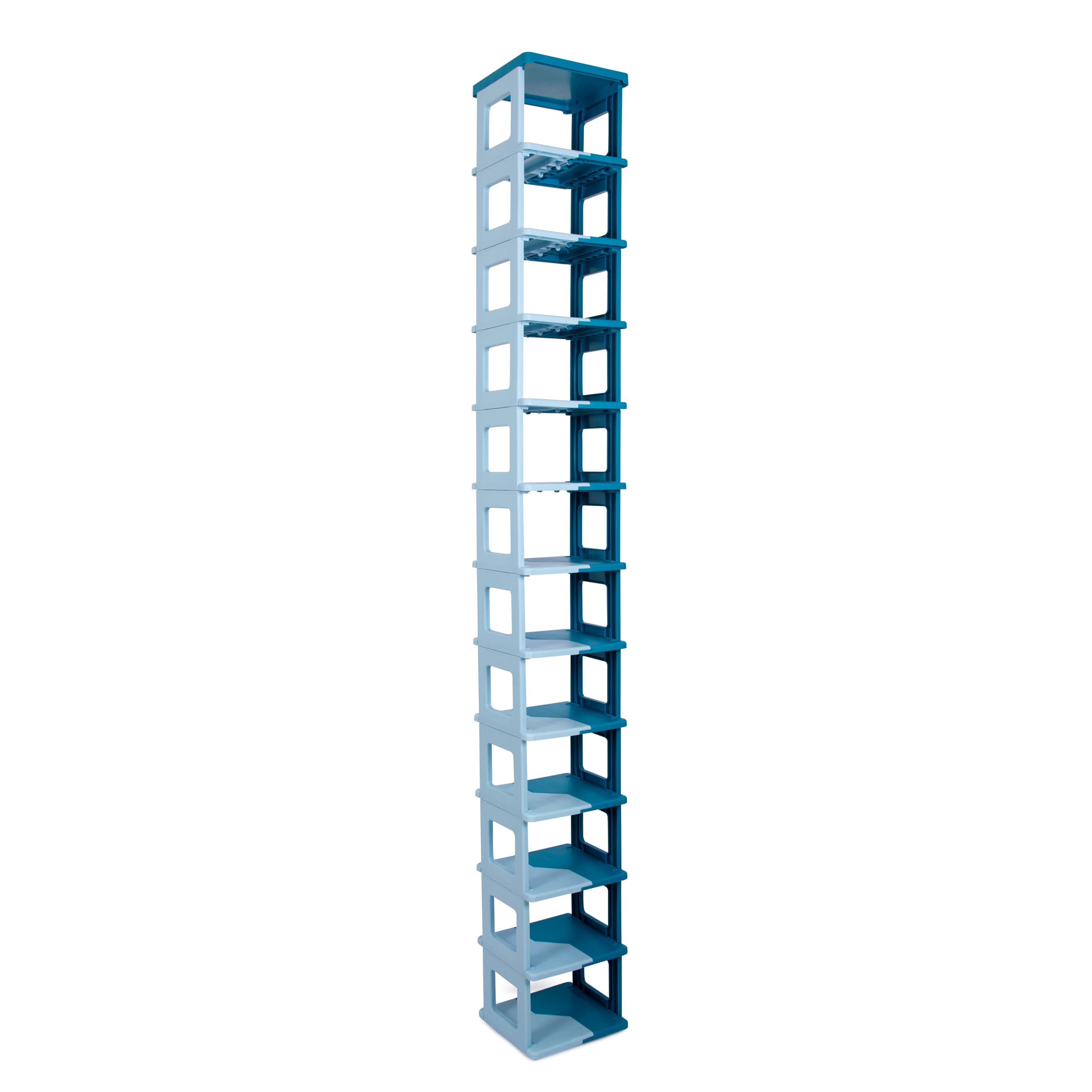 kitchivo™ shoe rack for home plastic, adjustable stand organizer stackable storage bedroom entryway shelf footwear collapsible corner tower shoes and book slots rack (blue, 12 layer)
