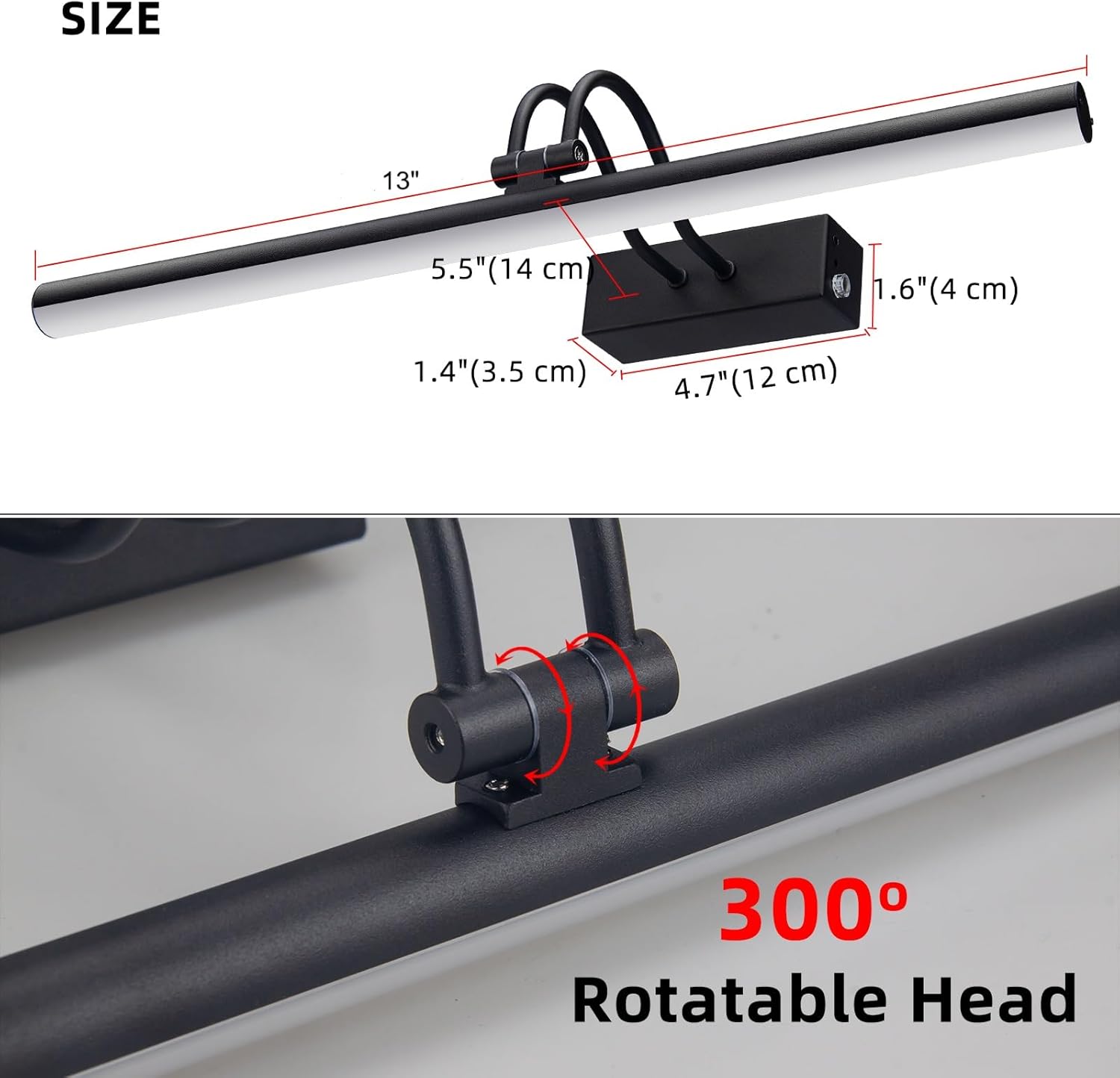 RAIFOOLLY Picture Light, Picture Lights for Wall Cordless, 13inch Picture Lights with Timer and Dimmable, 5000mAh Battery Wall Lights for Display Gallery Painting Art Frame Portrait - Black Metal