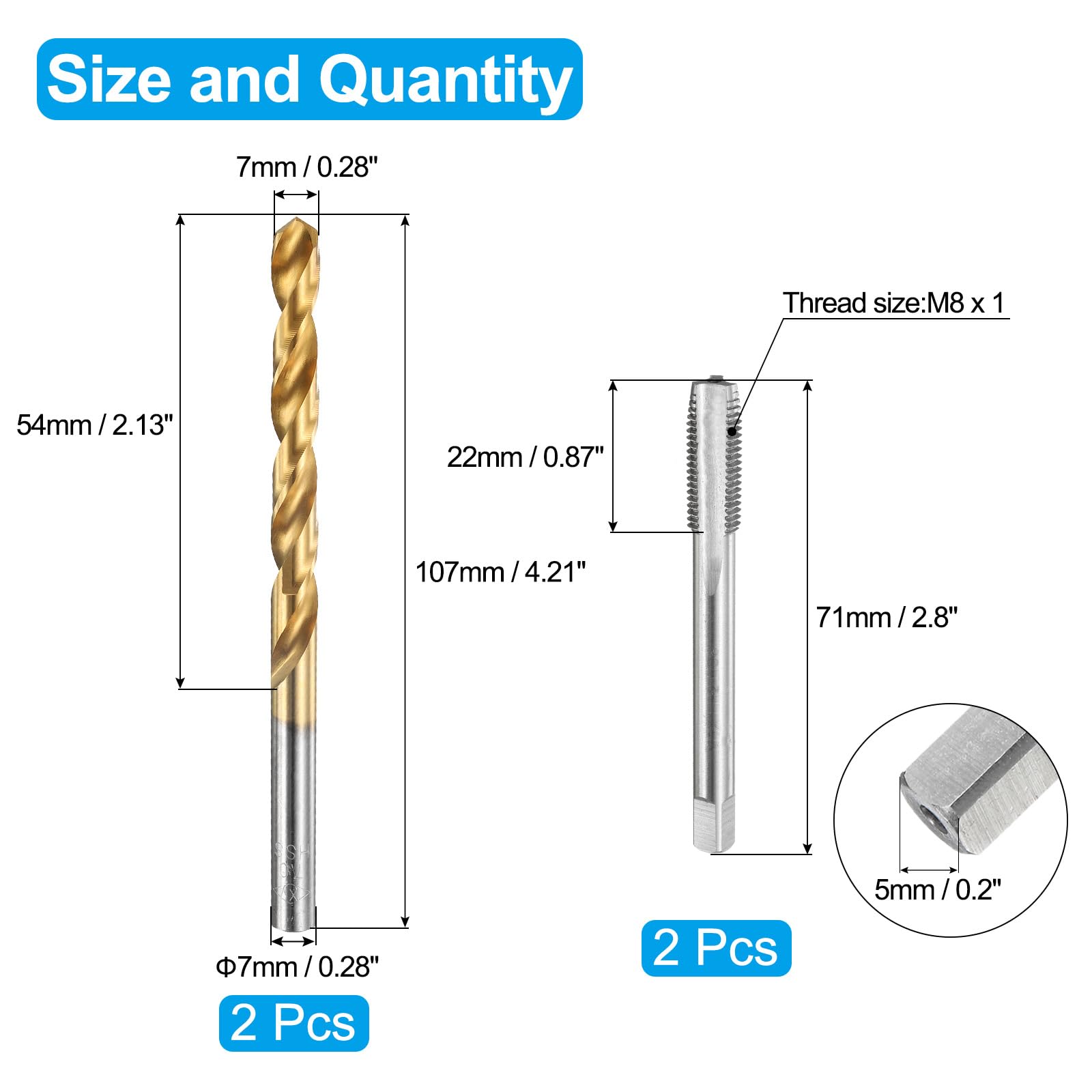 Set di maschi e punte da trapano, 2 maschi per filettatura metrica a scanalatura dritta M8 x 1 e 2 punte elicoidali da 7,0 mm, kit di utensili per filettatura HSS-6542 non rivestiti/rivestiti in ti