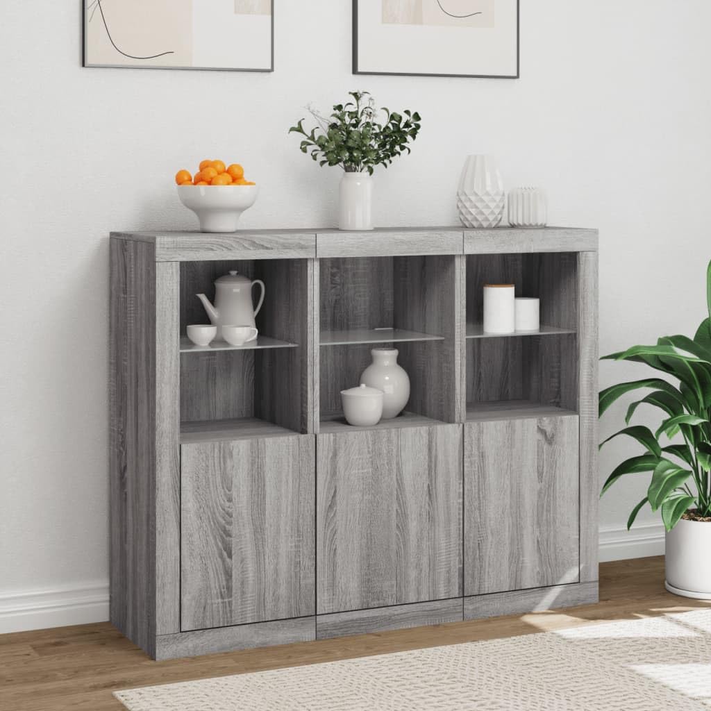 Lot de 3 buffets avec lumières LED - Gris Sonoma - Vitrine de cuisine - Pour salon - Pour desserts, boutique, salon, cuisine, salle à manger
