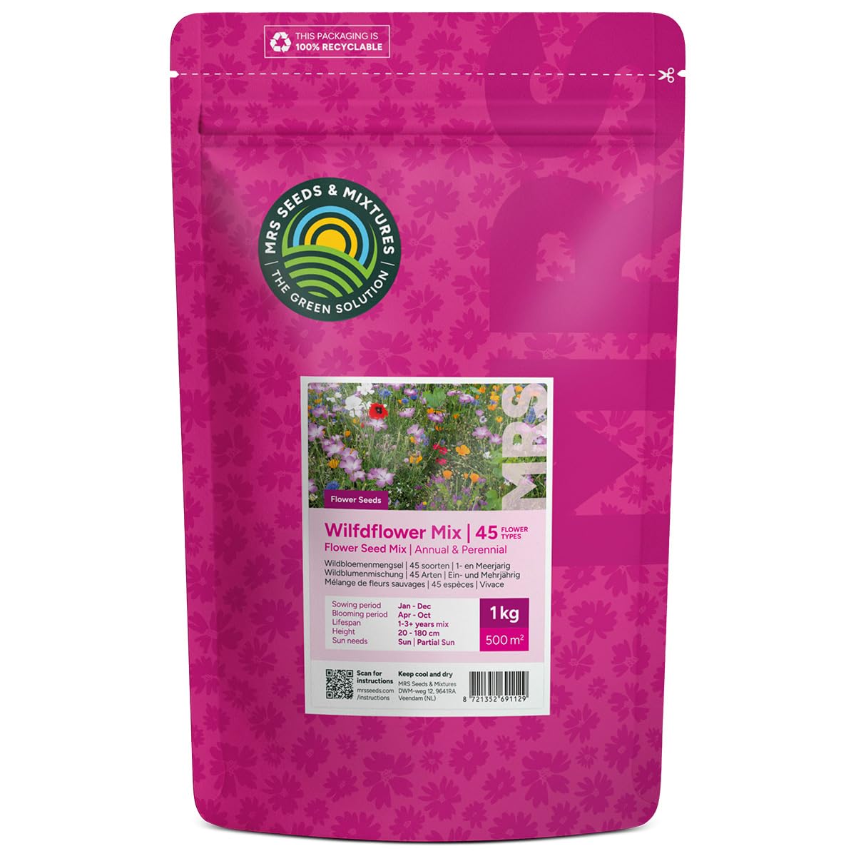 Bunte Insektenfreundliche Wildblumensamen Mischung - 1 Kilo für 500 m² - Einjährige & Mehrjährige Blumenmischung - für Wildbienen, Hummeln & Schmetterlinge - Schnelle Aussaat - MRS Seeds