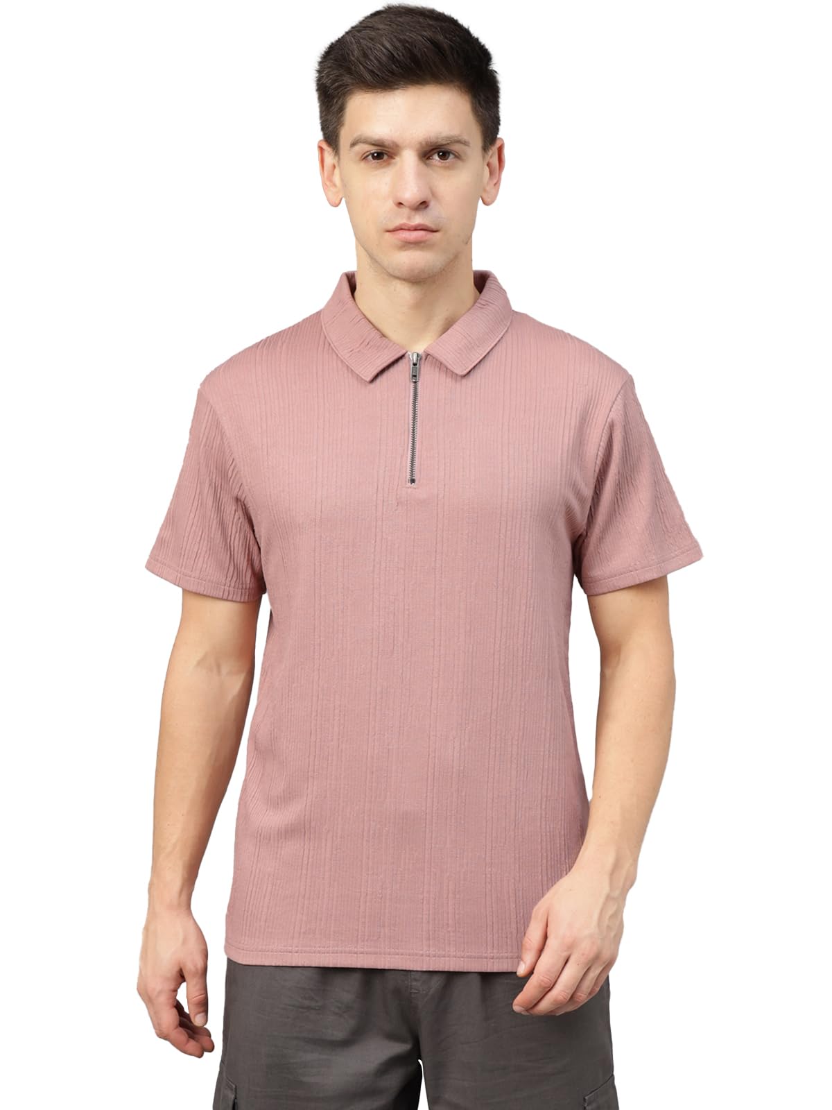 veirdo Poly Cotton Half Sleeves Regular Fit Solid Classic Striped Textured Polo Collar T-Shirt for Men-picture-22