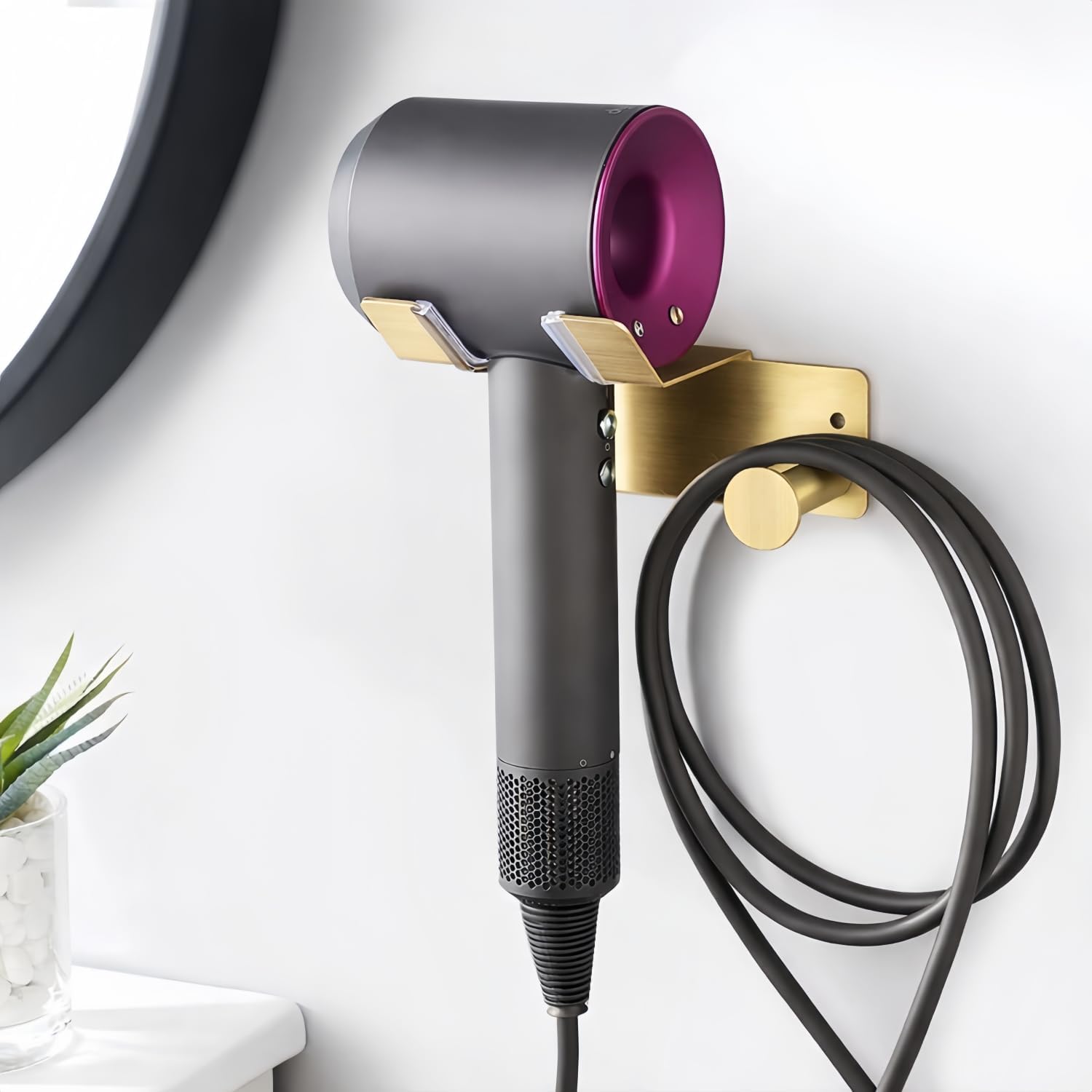 Hair Dryer Holder, HairDryer Holder Wall Mounted, Self Adhesive Blow Dryer Holder, Stainless Steel Hair Dryer Holder, Hairdryer Holder for Bathroom Gold BANJEKT