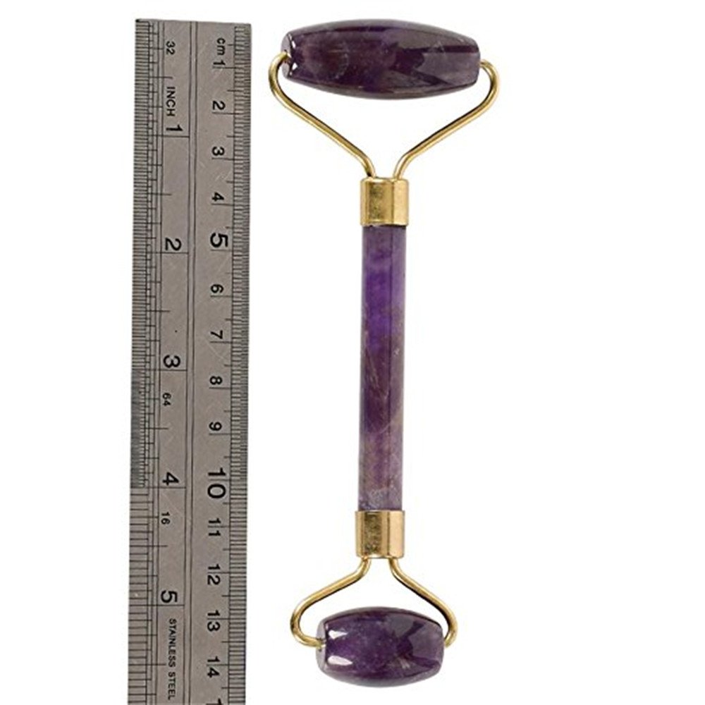 Jade Roller Massager Natural Amethyst Quartz Facial Roller Massage Jade Stone Face Neck Massage Skincare Tool Anti-Wrinkle with Double Head and gua sha scraping massage tool
