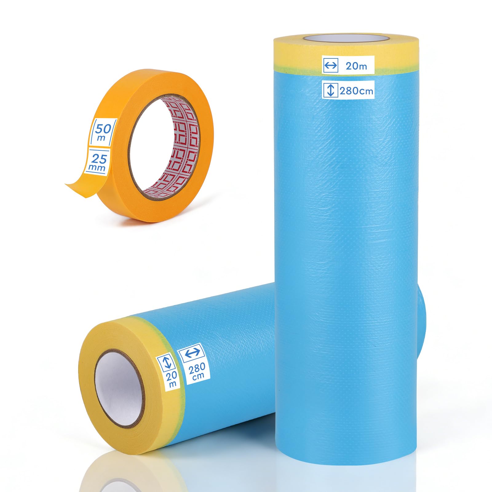 EFUTURETIME 2 Rotoli di Pellicola per Mascheratura con Nastro Adesivo, Telo Copritutto per Pittura 150 cm x 25 m e 1 Painters Tape 25 mm x 50 m