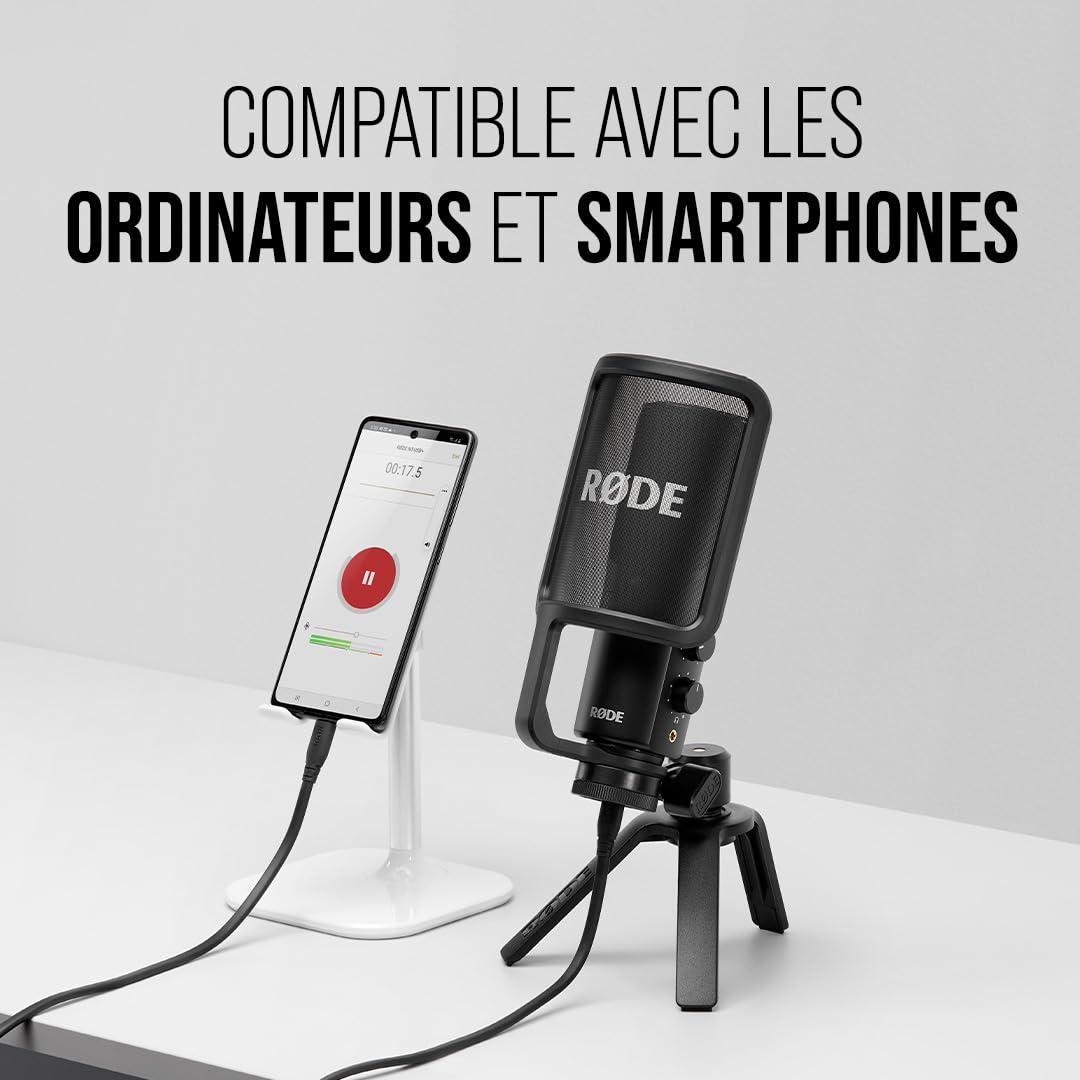 RØDE NT-USB+ Microphone USB à Condensateur Pro avec Interface Audio Intégrée, USB-C, Monitoring Casque, idéal podcast, streaming et enregistrement