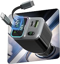 CUBTEM 4 in 1 Quick Charge Car Charger 65W, Car Cigarette Lighter Charger with Retractable Cable 80 cm, Mobile Car Charger PD, Ambient Light and Voltage Display, Compatible with iPhone, Samsung