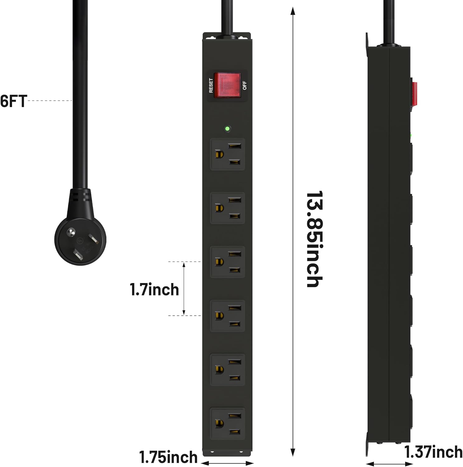 KF Matel 6 Outlet Power Strip Surge Protection 2100J,Heavy Duty Wide Space Power Strip with Flat Plug/Upgraded Switch,15A/1875W/14AWG 6FT Extension Cord in Home,Garage,Shop