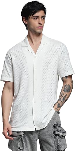Jack &amp; Jones Men Cuban Collar Textured Cotton Relaxed Fit Casual Shirt