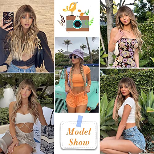 Lativ Blonde Wig With Bangs Long Wavy Curly Ombre Wig With Dark Root Synthetic Heat Resistant Wigs For Women Daily Party Use #TOP3