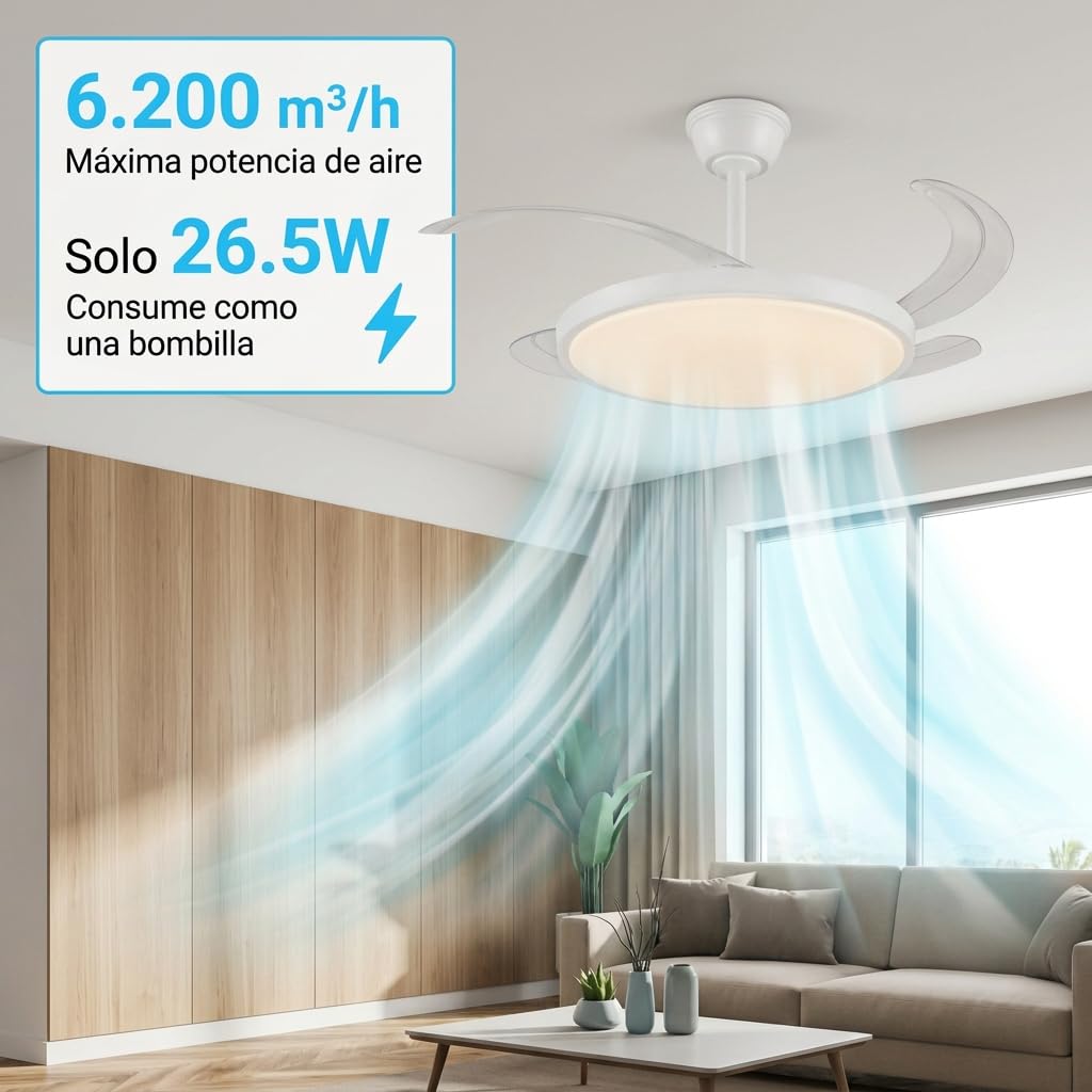 Ventilador de Techo con Luz RGB Retractil | Lampara LED con Aspas Transparantes | Motor DC Ultra Silencioso 30W, 6 Velocidades, Función Verano/Invierno, Temporizador | Para Salón y Dormitorio (92 CM)