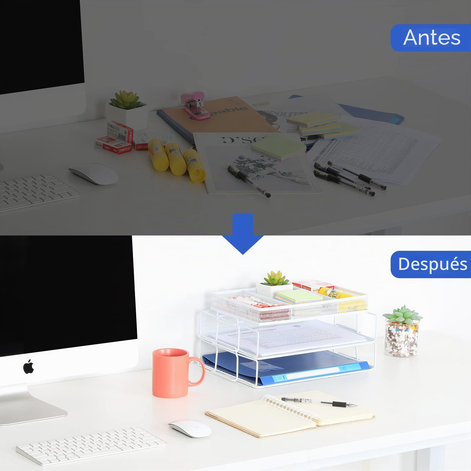 EasyPAG 3 Niveles Metal Malla A4 Bandejas Oficina Apilables Organizador Revistero Almacenamiento Papeles Soporte Archivador Clasificador Documentos Estante Carta,Blanco