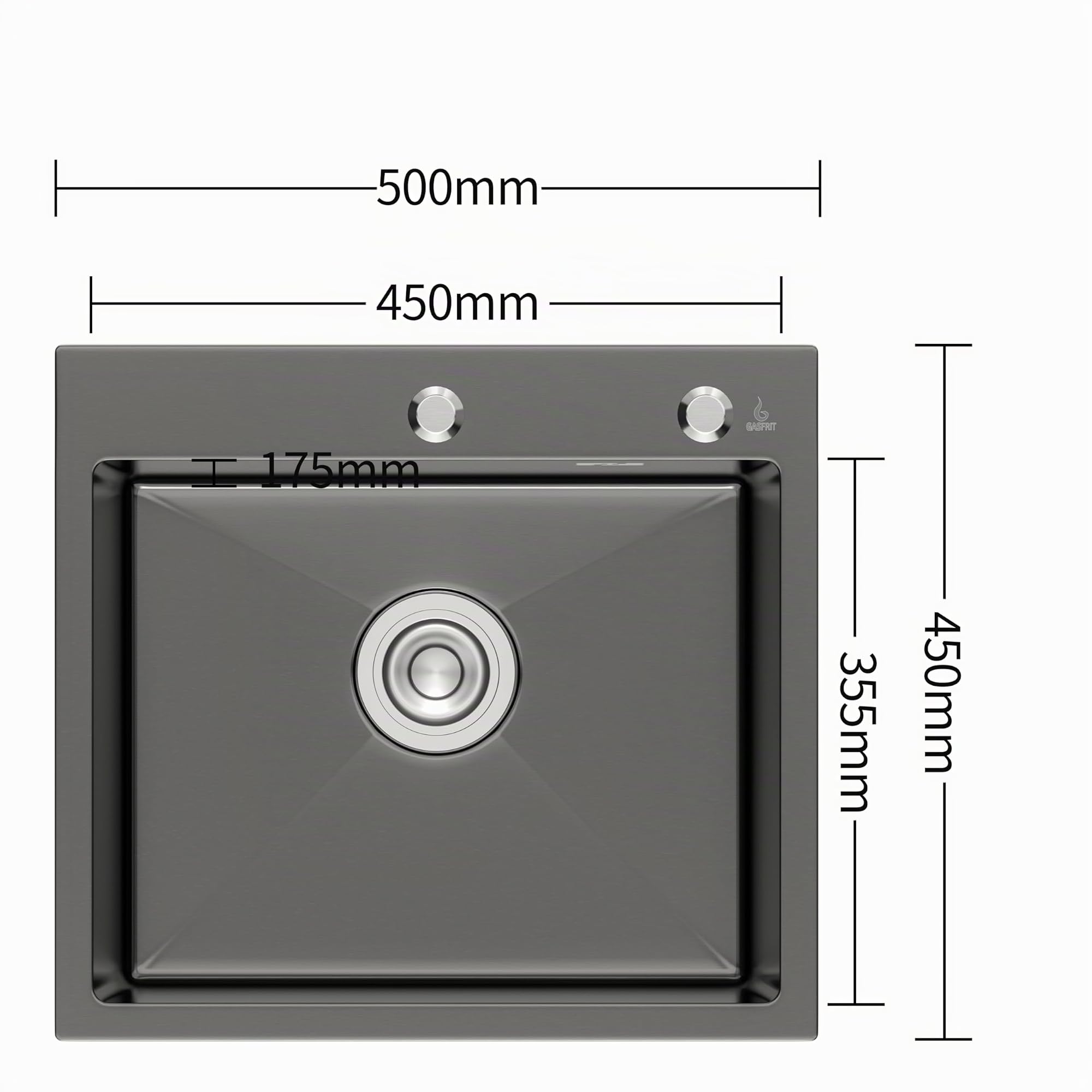 Fregadero de Cocina Negro, Acero Inoxidable 304, 1 Seno, Sobre Encimera, con Orificio Grifo 35 mm y Dispensador (50 x 45 cm)