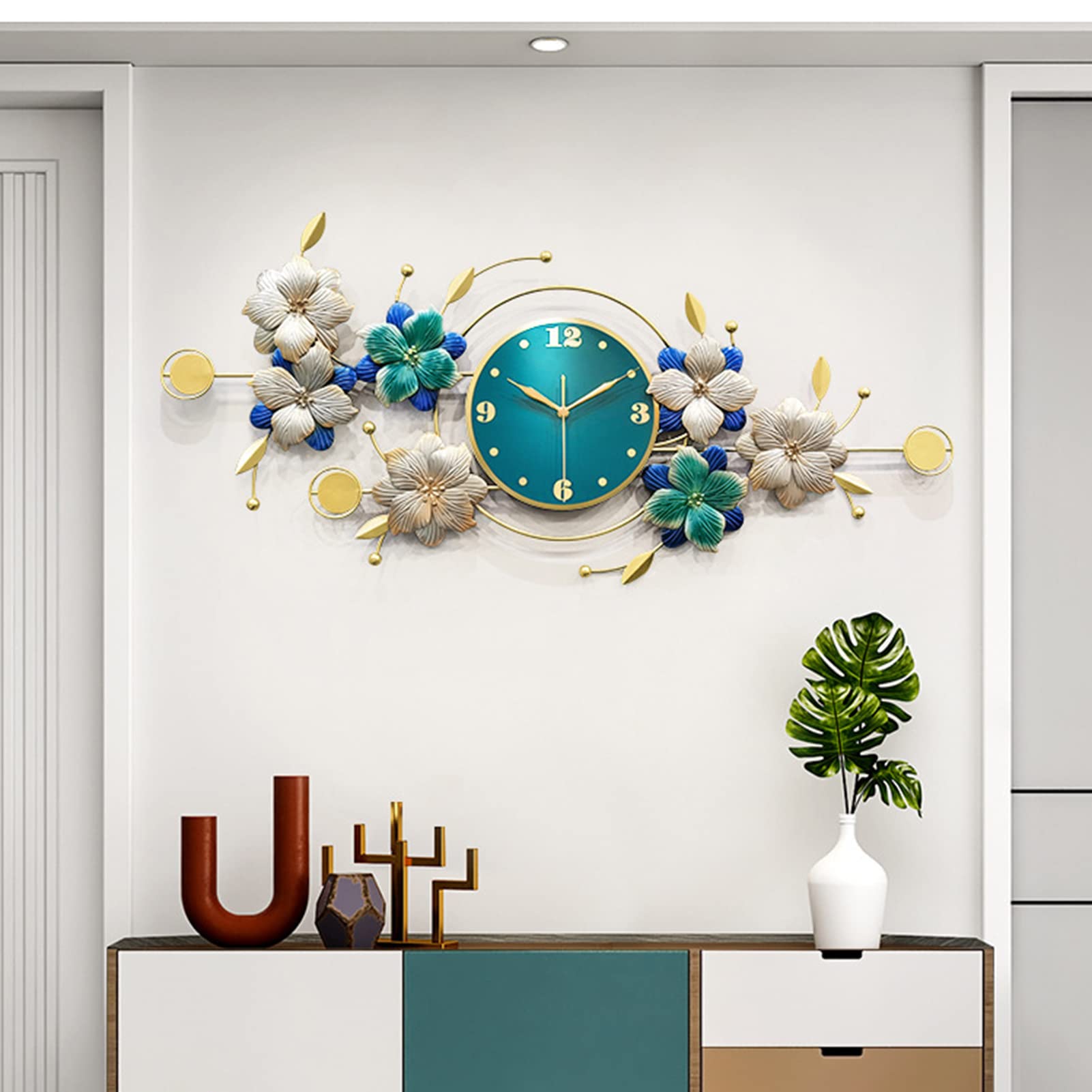 MYUYEE Metal for Living Room, Modern Art Flowers Wall Clock, Wall ation Silent Non Ticking Quartz Clock,B,B (A)