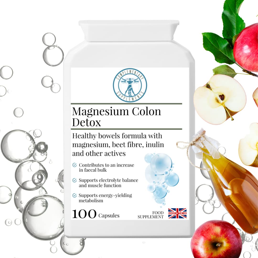 Magnesium Colon Detox - 4 Types of Magnesium, Prebiotic, ACV, VIT C - Magnesium Based Bowel Cleanse - Vegan - 100 Capsules