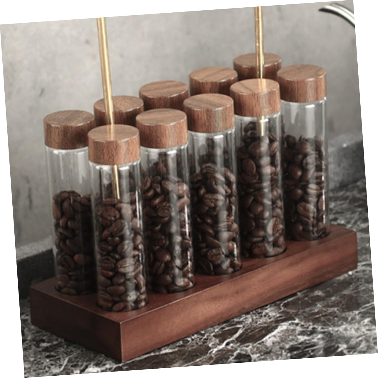 SHOWERORO Glas-kaffeebohnen-fläschchen Mit Deckel Und Holz-präsentationsständer Zur Aufbewahrung Von Kaffeebohnen Tee Süßigkeiten Und Gewürzen