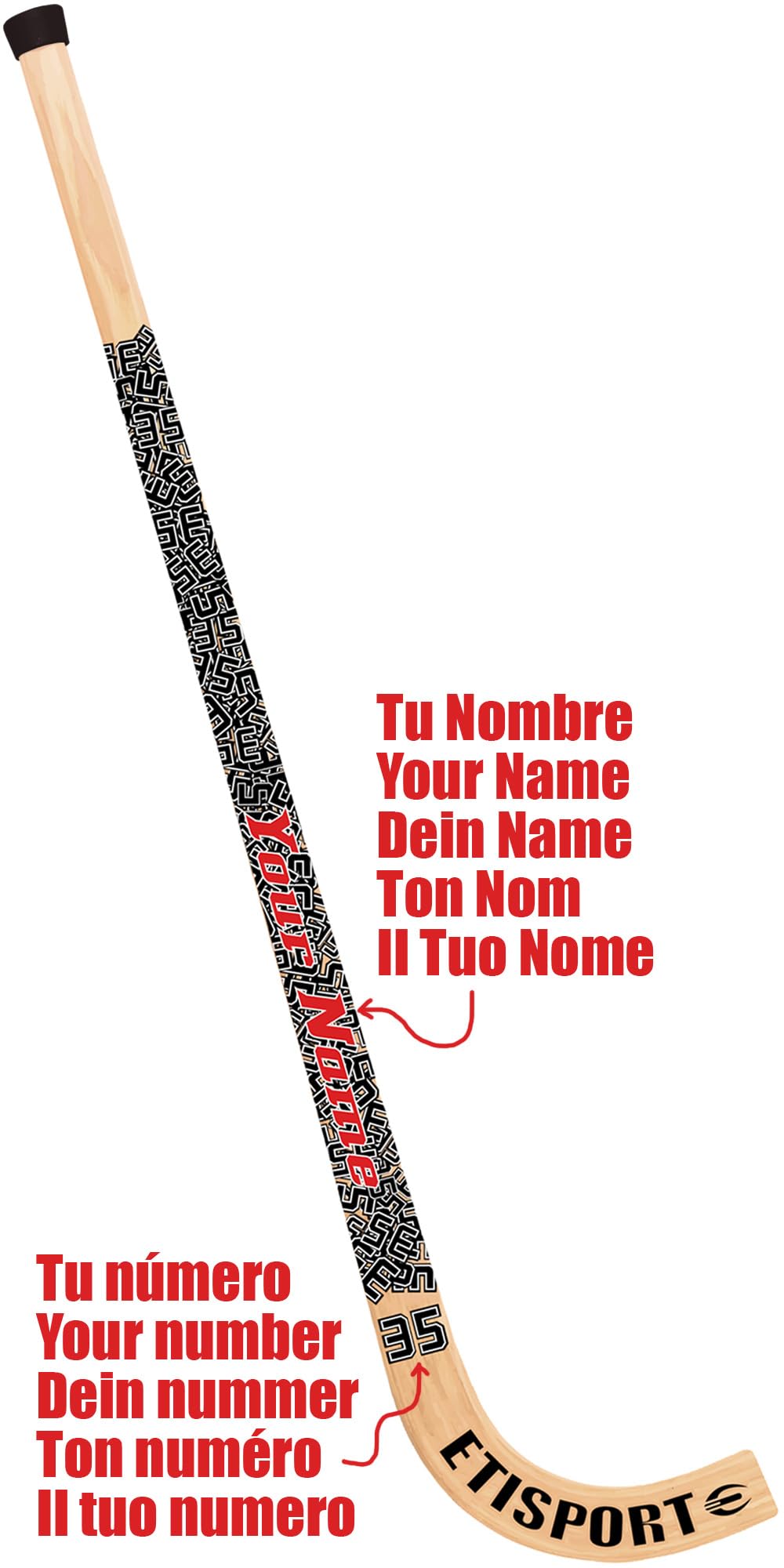 Crosse de Rink Hockey Numbers personnalisé avec Votre nom en Couleur et Votre numéro. Qualité Professionnelle laminée avec Fibre extérieure.