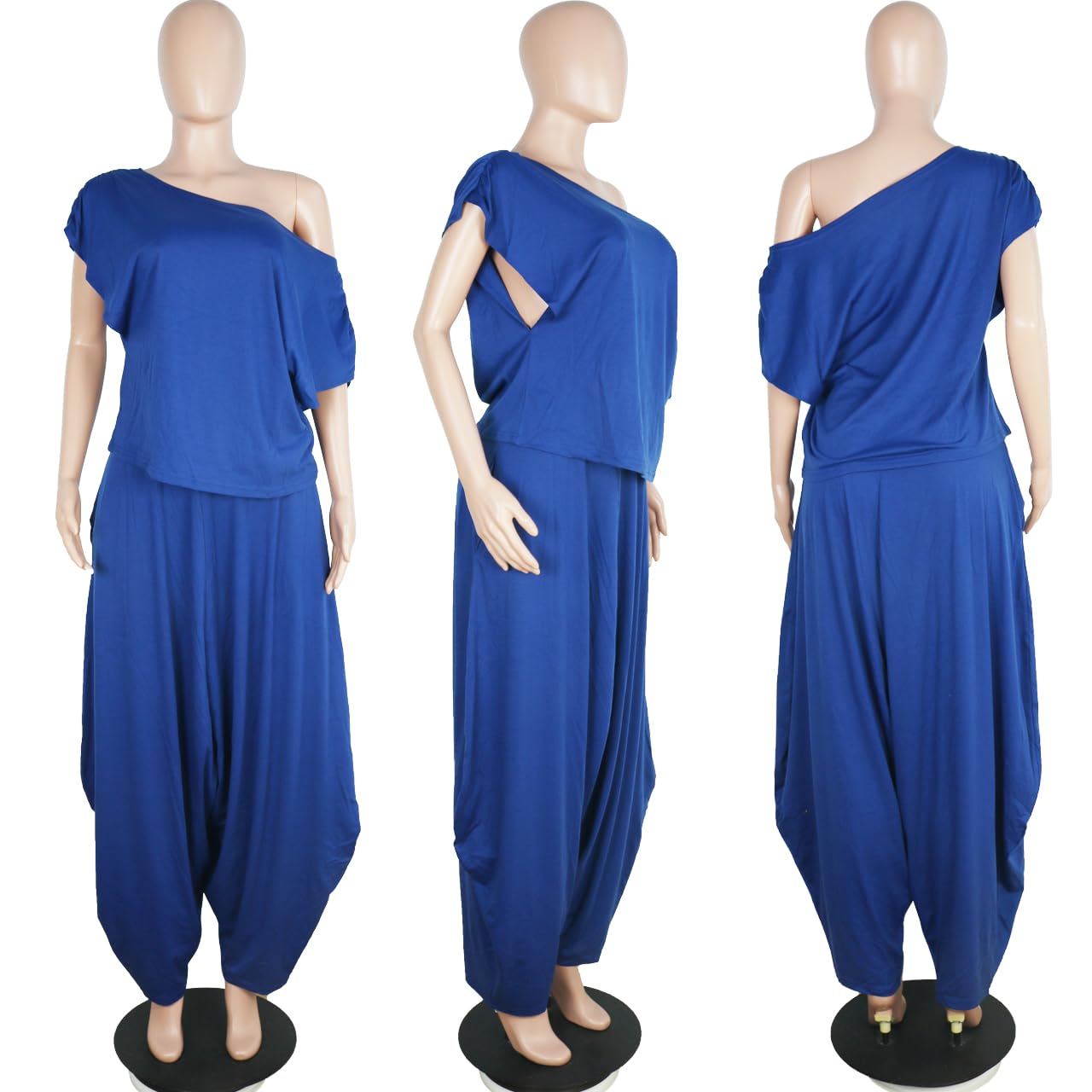 WOKANSE Tenue 2 pièces pour femme - Haut à manches courtes et épaules dénudées - Haut et pantalon sarouel ample