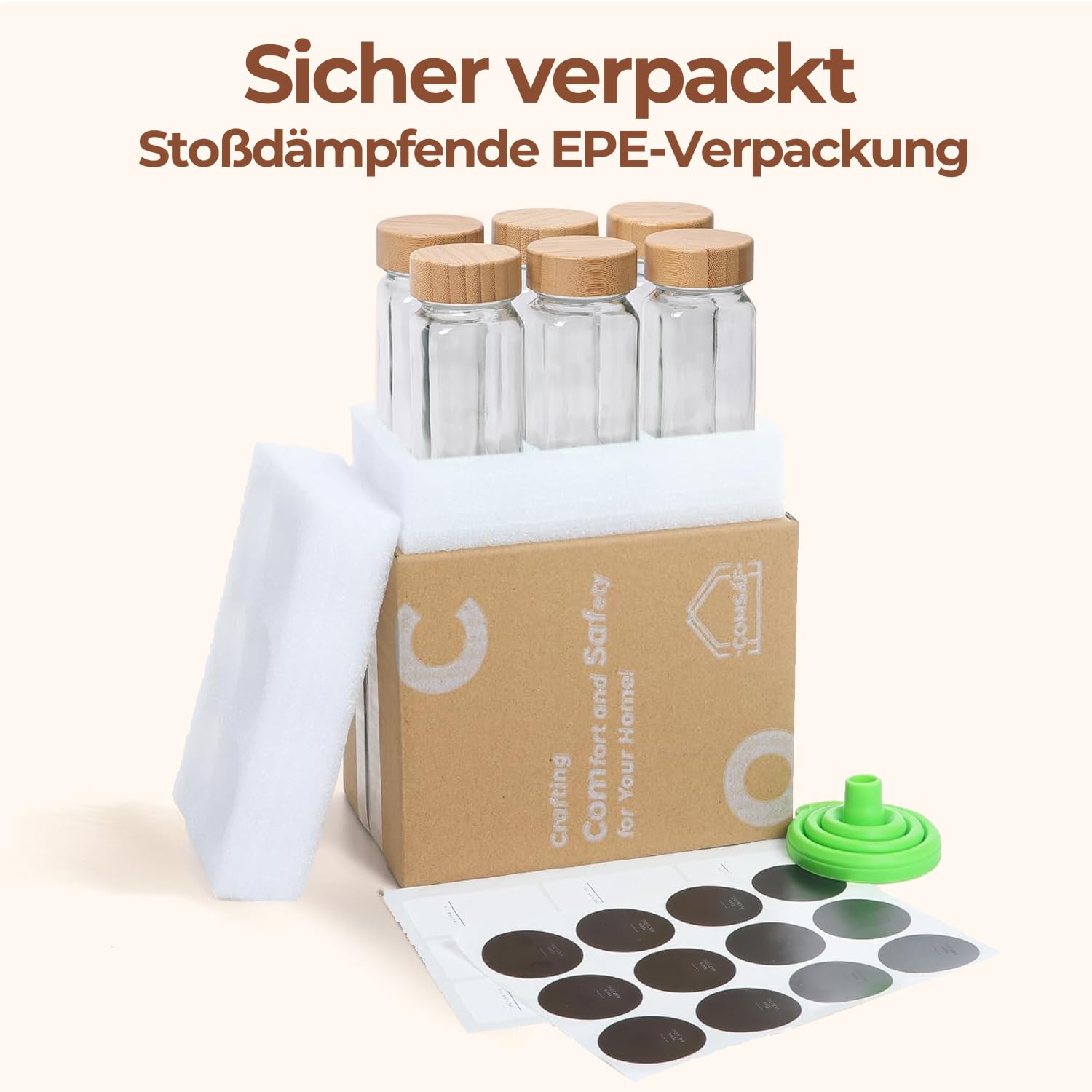 ComSaf pot à épices en verre 120 ml lot de 6 avec étiquettes lisibles, pot épices verre pour familles et amateurs de cuisine, adapté aux tiroirs et placards pour garder les épices bien organisées