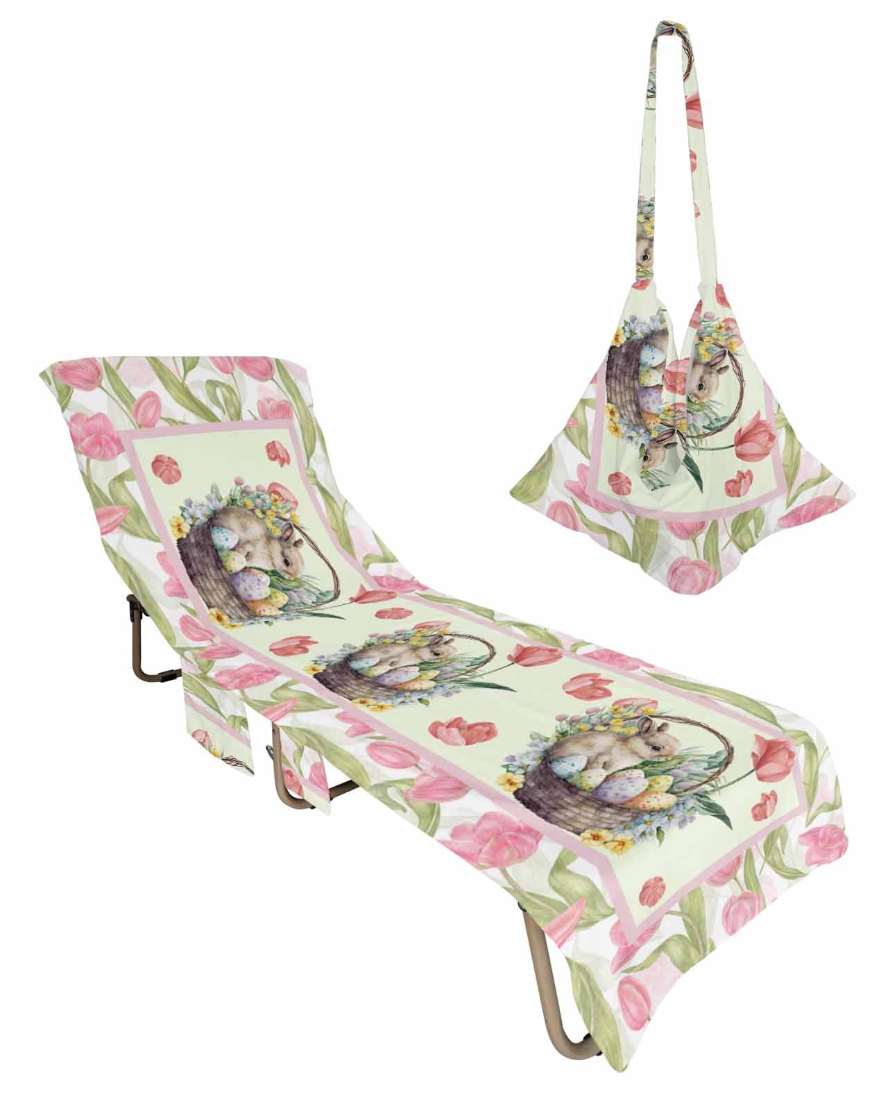 Rabbit Tulip Beach Chair Towel Covers for Chaise Lounge with Side Pocket, Soft Plush Pool Towels Cover for Patio Sunbathing Outdoor 29''x85'' Easter Rabbits Botanical Red Flower Leaves