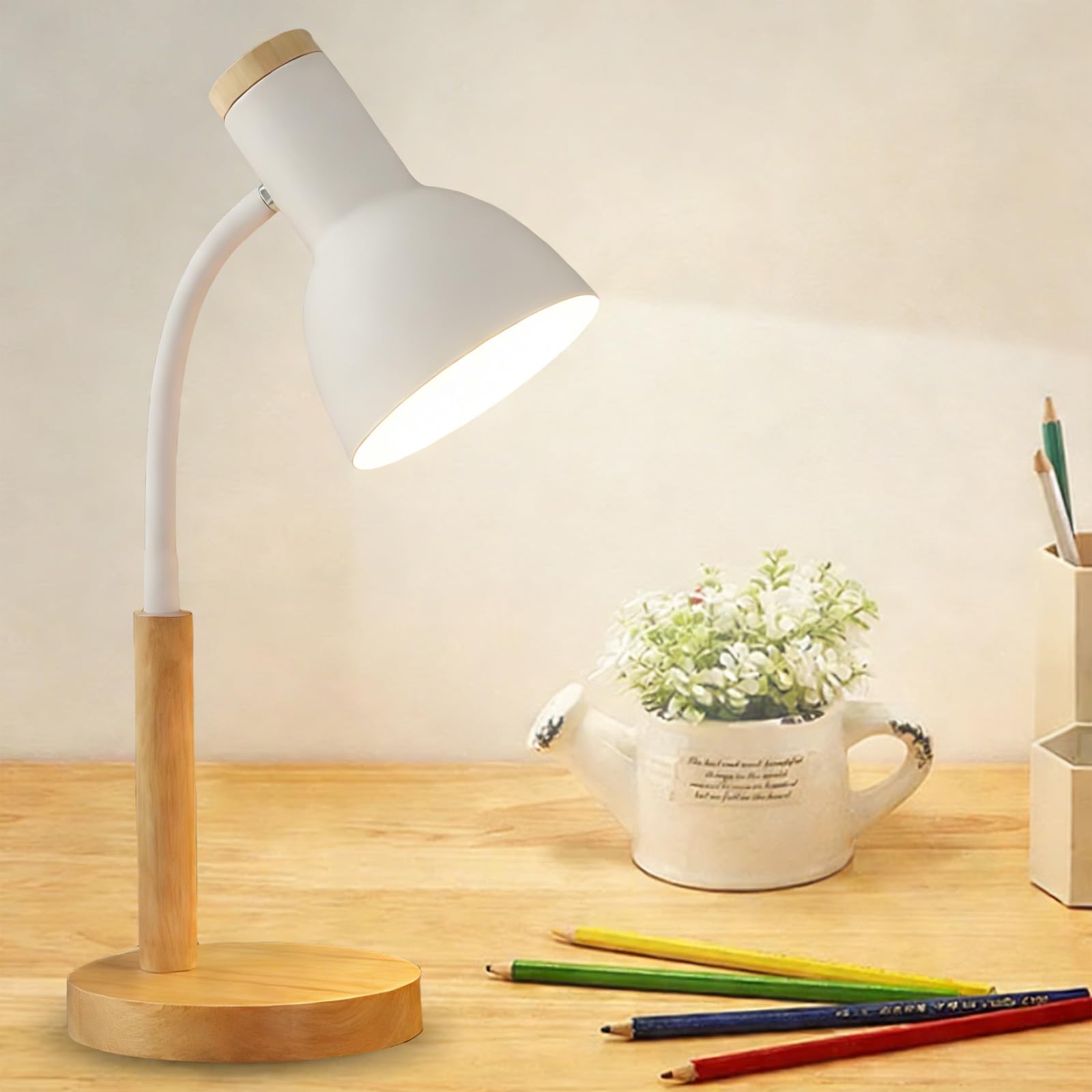 Leikurvo Lámpara de escritorio para niños, lámpara de mesa LED, lámpara de lectura E27, brazo ajustable, metal y madera, lámpara de noche de estilo nórdico para dormitorio, salón, estudio (blanco)