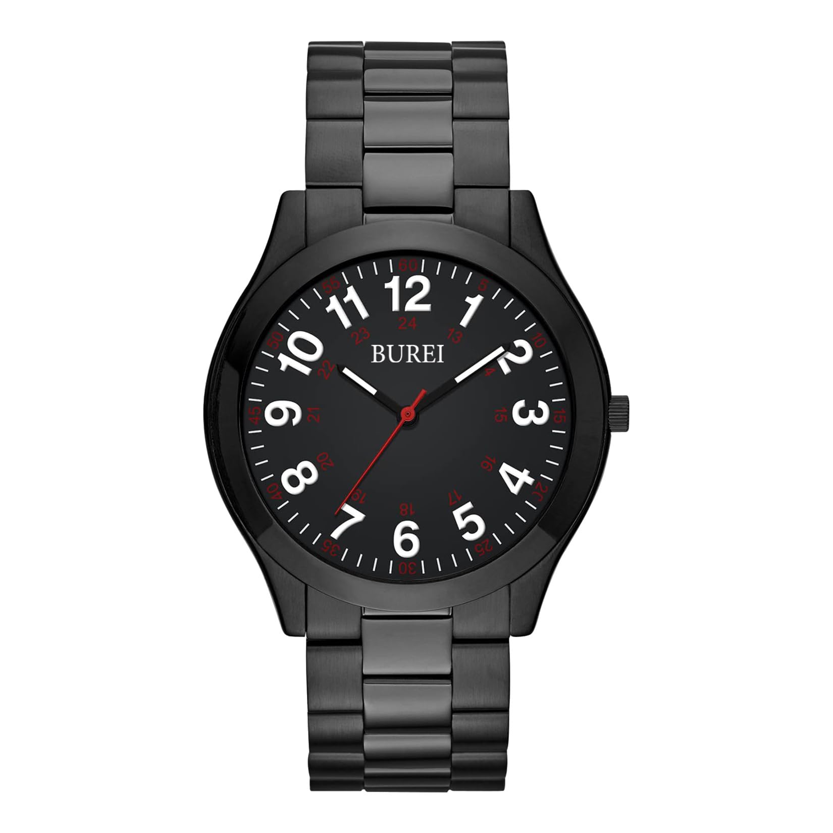 BUREI Men's Wrist Watch Military Time Easy Read Dial, 24 Hour with Second Hand, Stainless Steel Band.