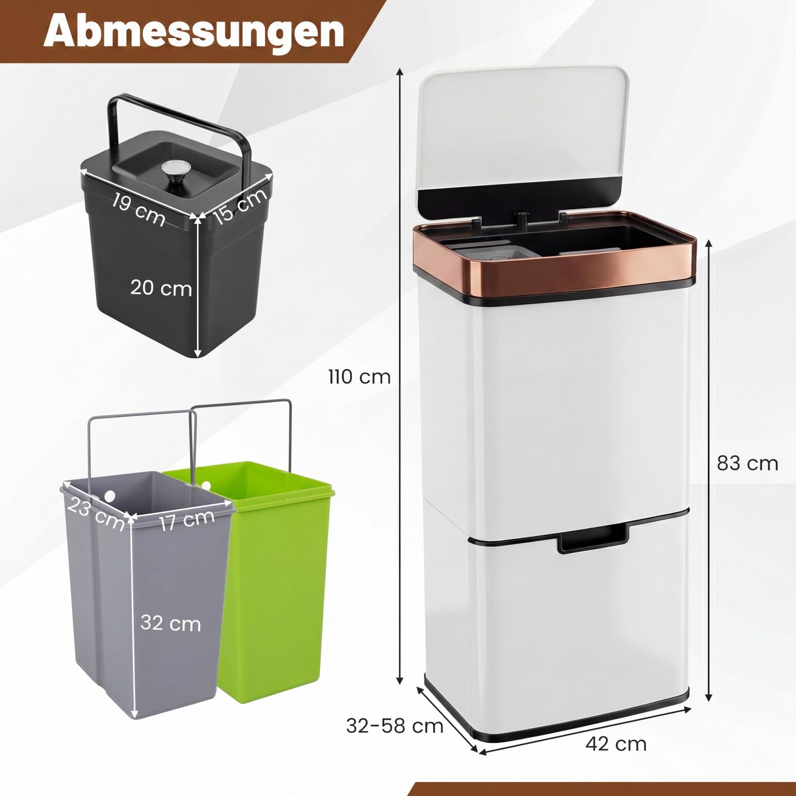 COSTWAY Elektryczny kosz na śmieci 72 l, z czujnikiem, system segregacji śmieci 2 x 11 l + 3,5 l + 46,5 l, pojemnik na odpady kuchenne, delikatne zamknięcie, do kuchni, biura (biały)
