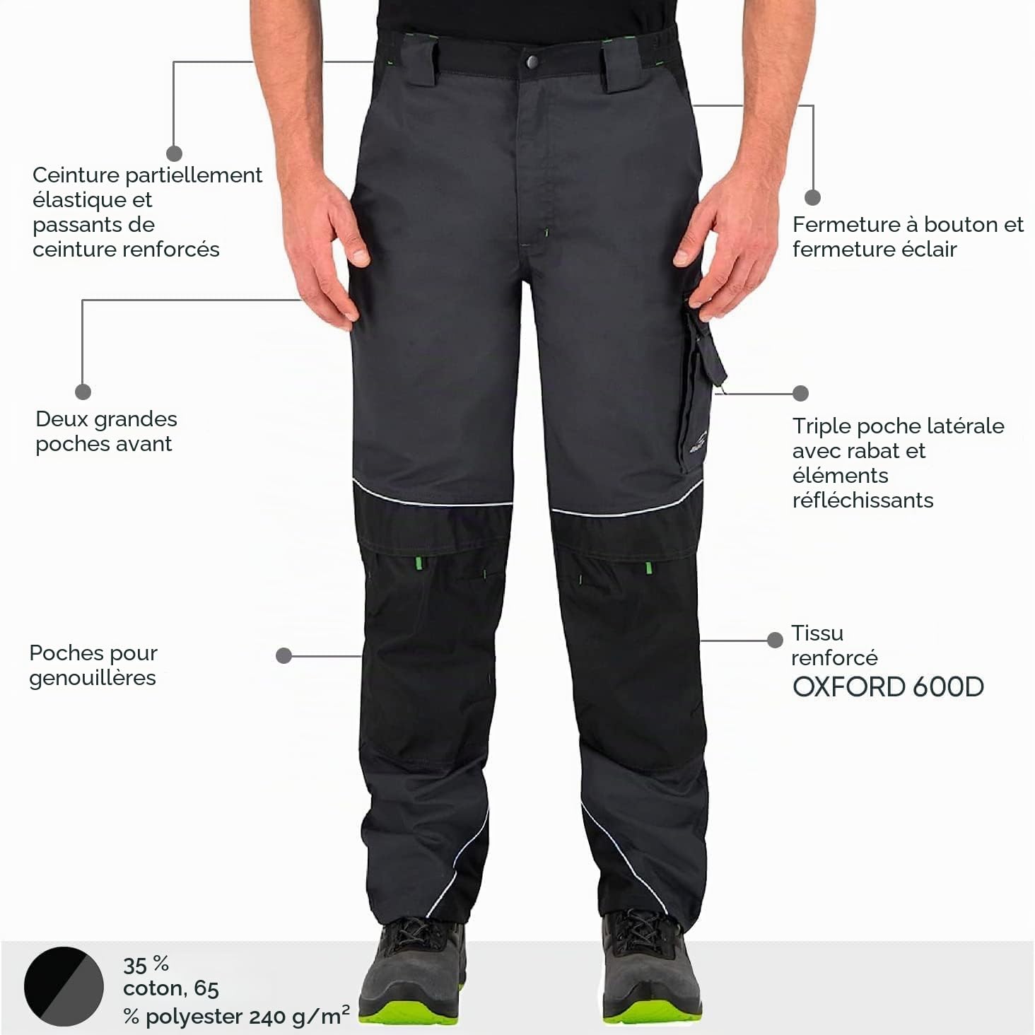 BWOLF Brave Pantalon de travail pour homme avec poches latérales multifonctionnelles, poches arrière et poches rembourrées, renforcement en polyester 600D, Gris, M