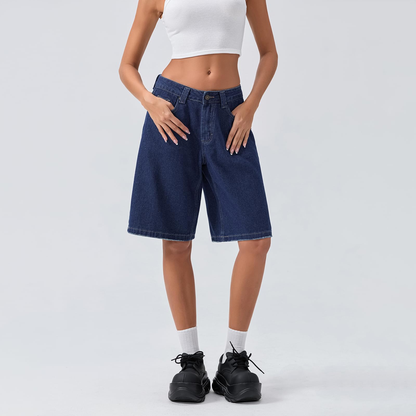 Bermuda ample en jean longueur genou pour femme - Taille basse - Jambe large - Avec poches - Jorts décontractés