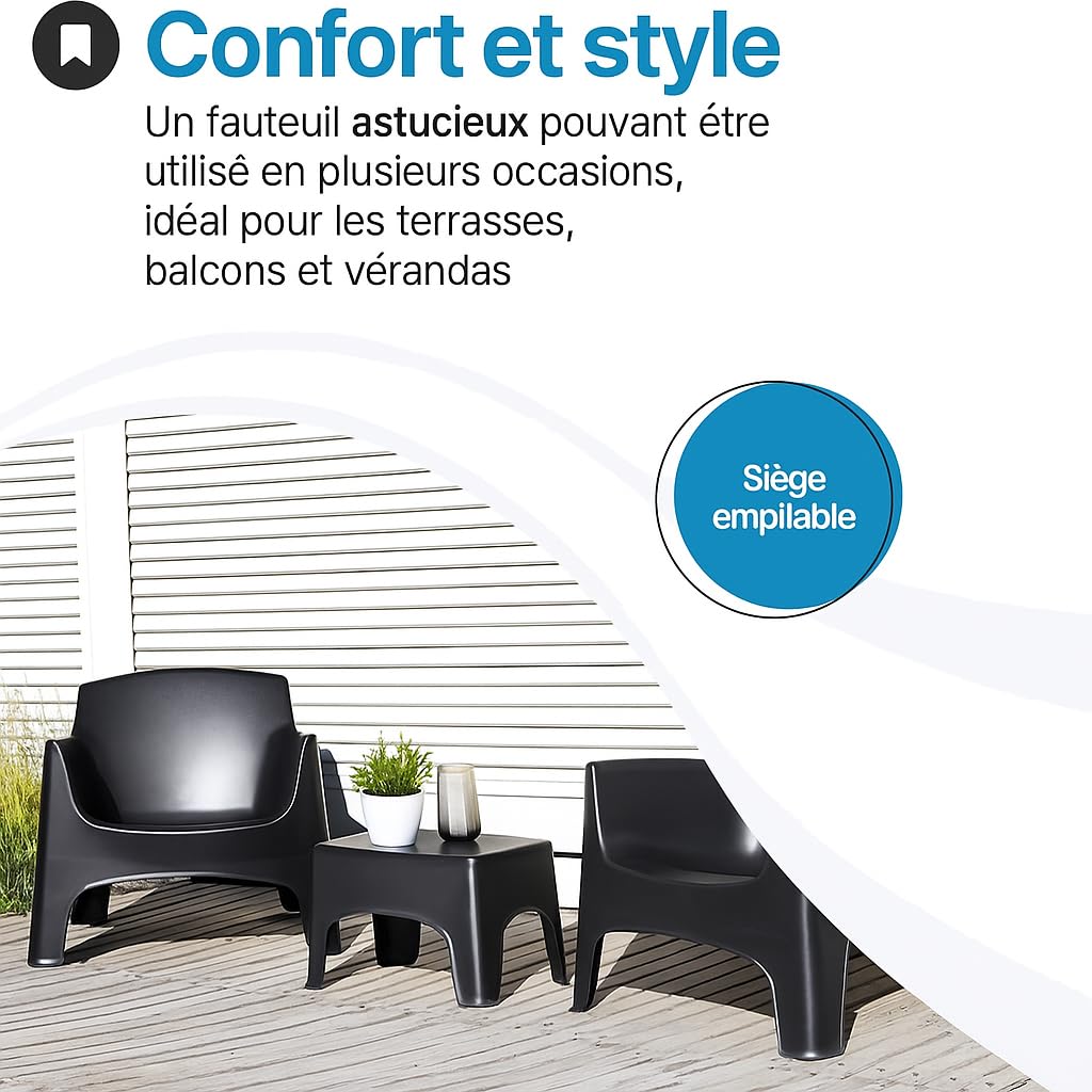 Tomaino - Fauteuil d'Extérieur Ibiza XL en Plastique - Chaise de Jardin Empilable Noir - 79 x 74 x 70 h cm