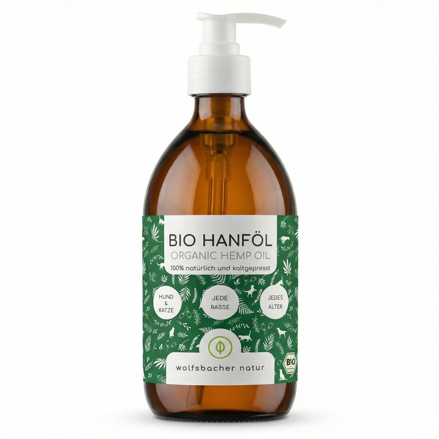 Aceite de cáñamo orgánico para Perros y Gatos 500ml | 100% Natural y prensado en frío | Apoyo para la Piel y el Pelaje | Omega 3-6-9 | DE-ÖKO-060