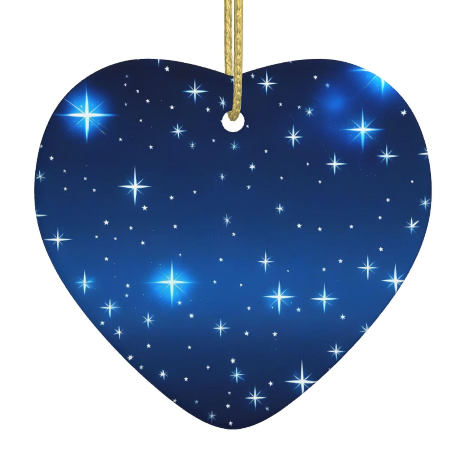 Blue Star Pattern Ceramic Christmas Heart Pendant with Silk Thread, Christmas Tree Home Decoration