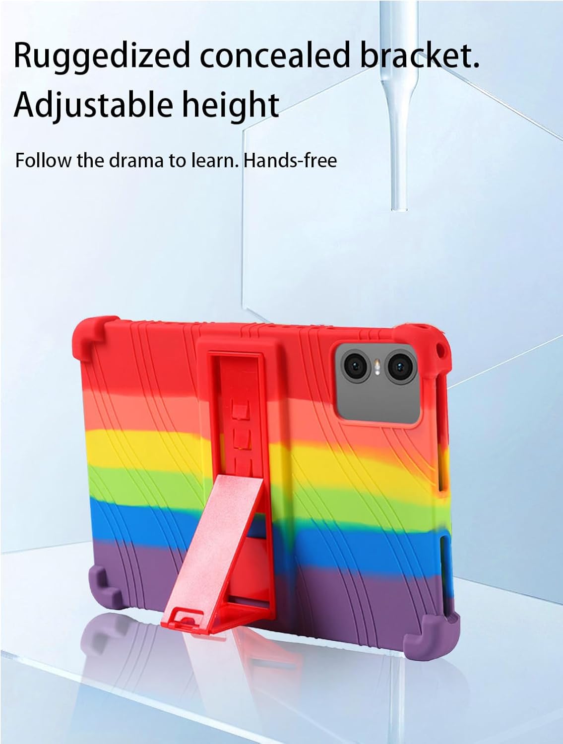 Image of the tablet case with its adjustable stand extended, showing multiple viewsudut-sudut.