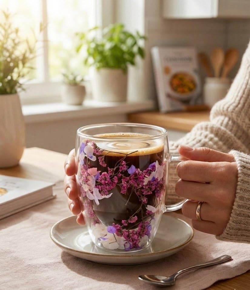 Image of Double Wall Glass Coffee Mug 350ml | Floral Tea Cup for Juice Coffee | Premium Gift for Birthday, House Warming, Secret Santa, Christmas | Double Walled Glass Espresso Cup.