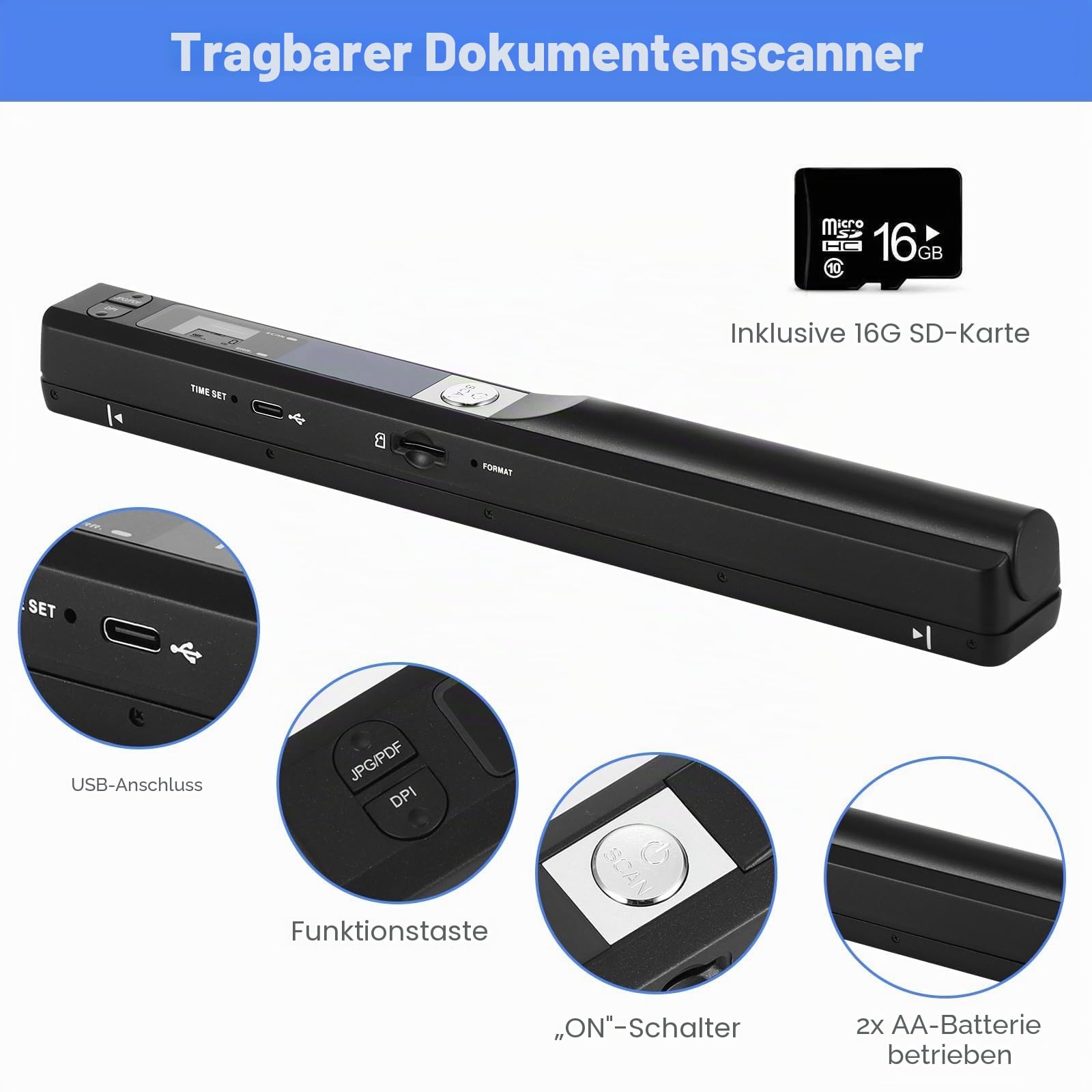 Tragbarer Dokumentenscanner, tragbarer Mini-Fotoscanner, 900 dpi, A4-Farbscanner, Hochgeschwindigkeitsscanner, USB wiederaufladbar, inklusive 16 GB SD-Karte