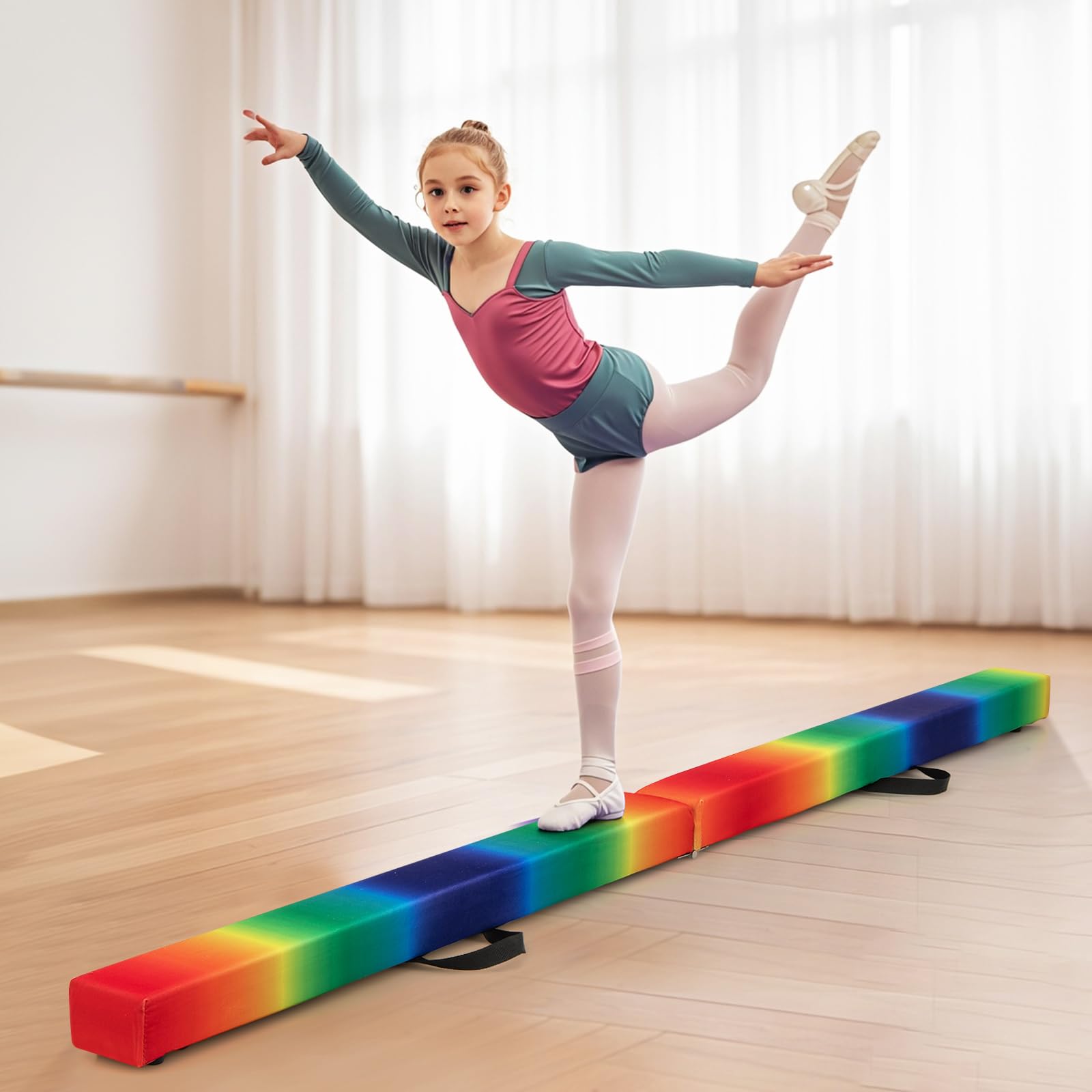 GYMAX Viga de Gimnasia Plegable de 210/240/270 cm, Barra de Equilibrio con Base Antideslizante, Marco de Madera de Pino, Asa para Transportar, Espuma Extra Firme, para Niños