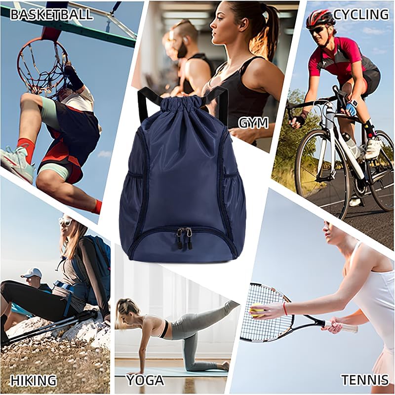 Miniatura 8 de Sports Drawstring Backpack, Waterproof Swim Gym Bag for Women&Men, String Basketball Pack with Shoes Compartment, Dark Blue