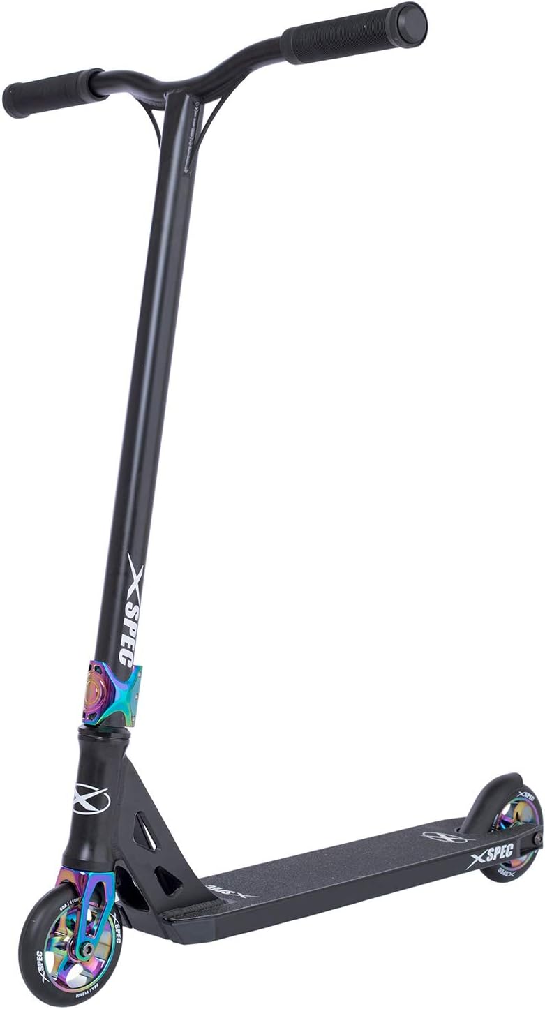 Xspec Pro Stunt Kick Scooter, Unique Oil Slick Anodized Design, Matte Black Frame, Purple Rainbow Neo Chrome