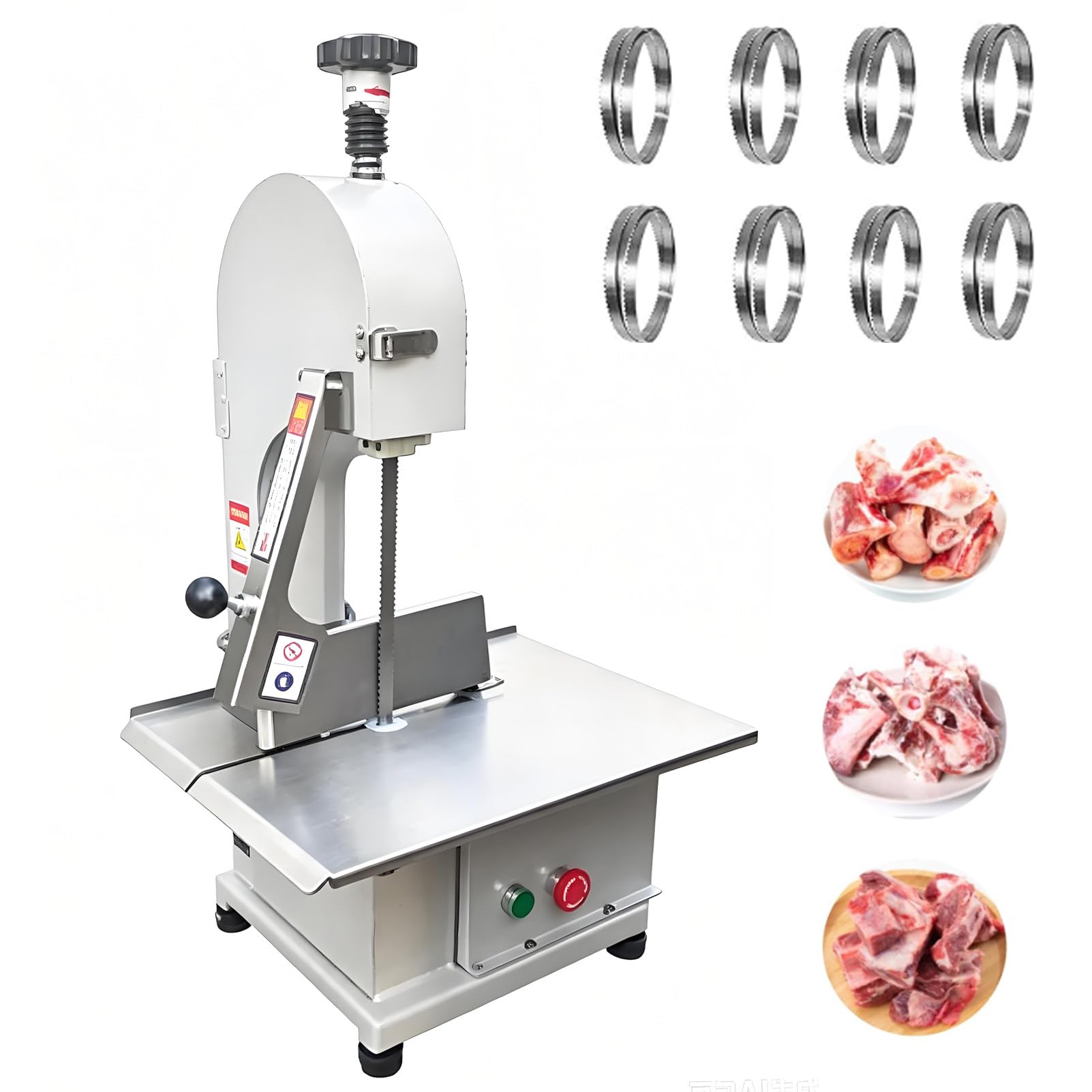Ofyphth 1100 W Commercial Electric Bone Saw Machine, with 8 Blades, Meat Bandsaw for Butchering, 1-130mm Thickness, for Professional Butchering Ribs, Beef and Fish.