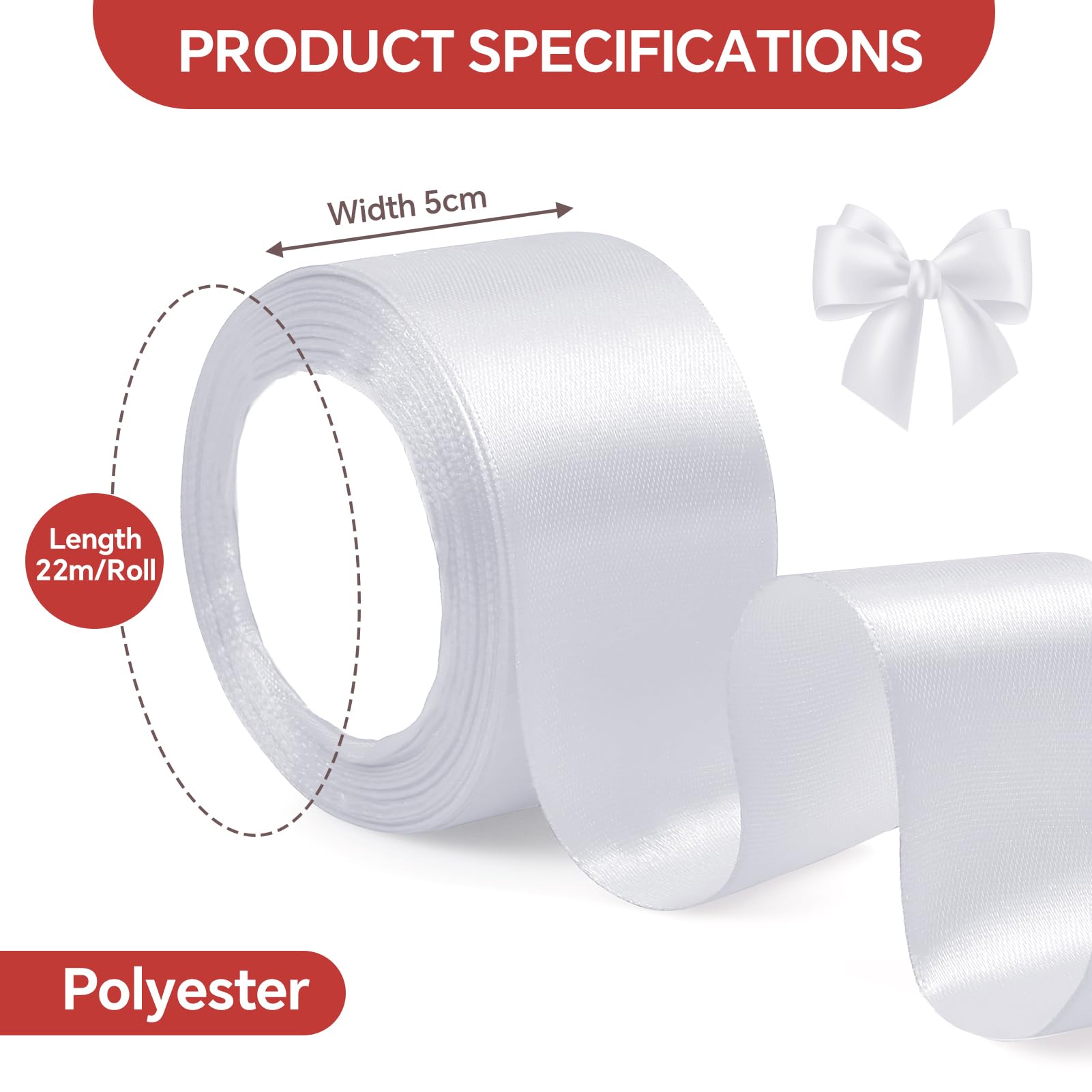 Satijnen lint, 2 rollen, wit, 50 mm x 22 m, cadeaulint, breed, lint