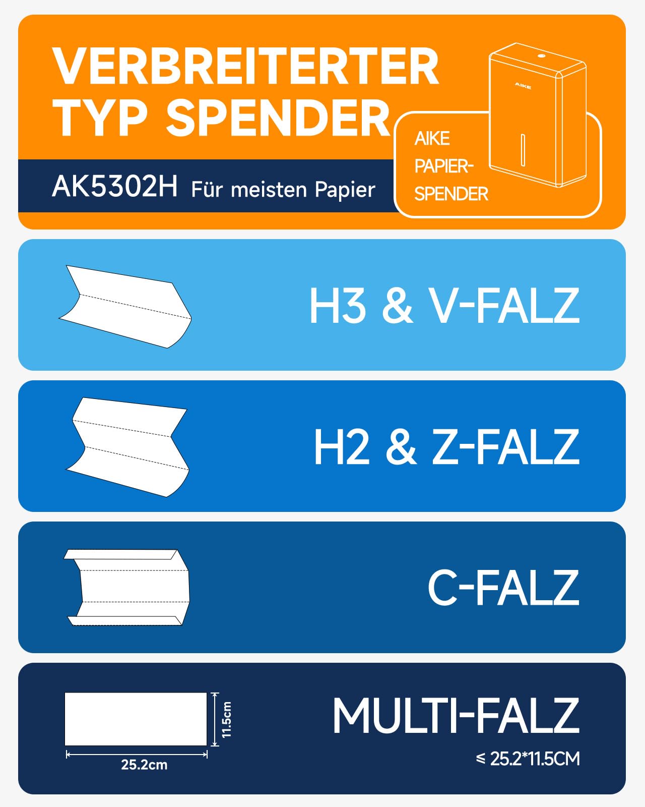 AIKE Verbreiterter Papierhandtuchspender, 400-Blatt Wandmontage Für H2, H3, Z/V/C-Falz & Multi-Falz (für Größe ≤25,2 * 11,5cm), AK5302H