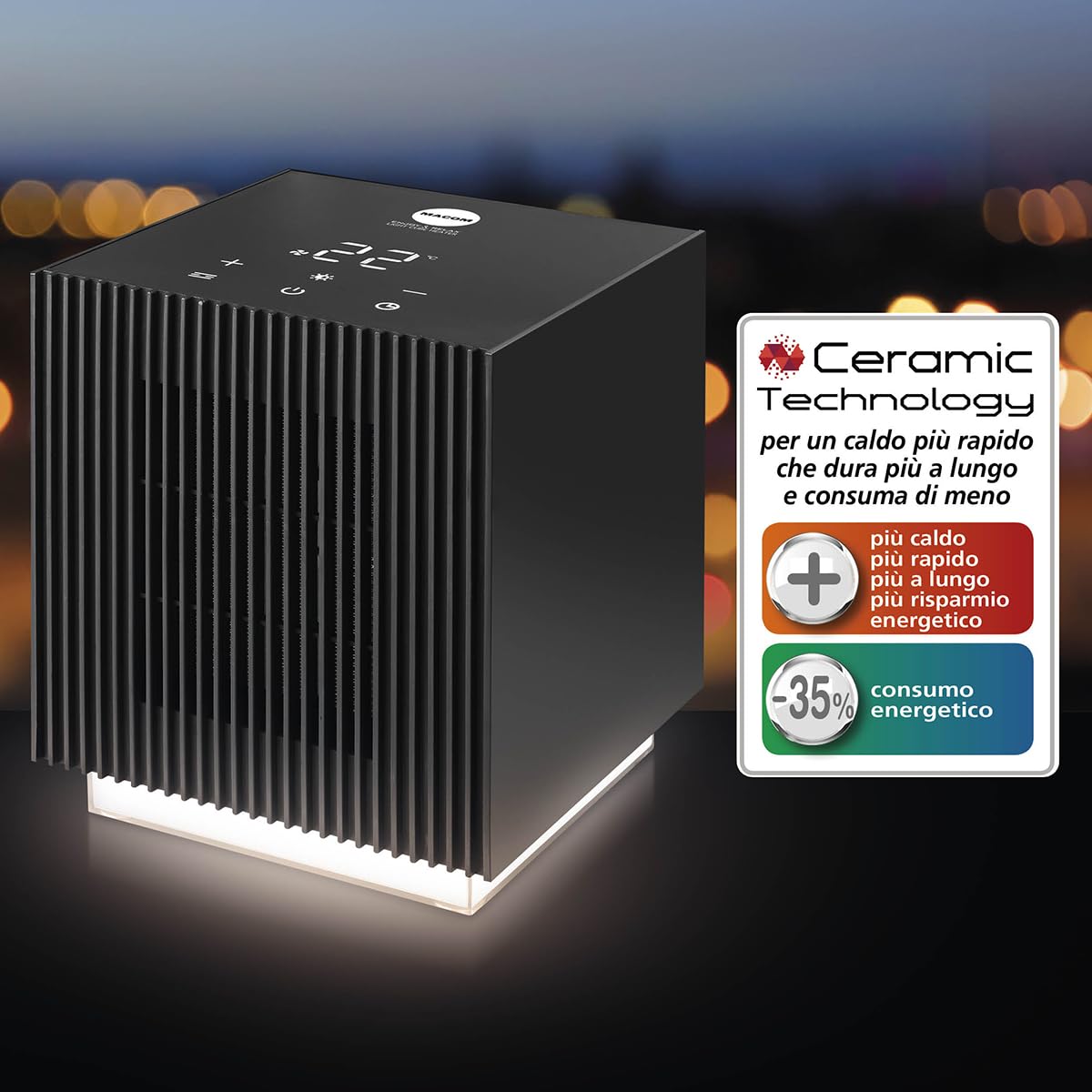 MACOM Termoventilatore Ceramico 2000W con Display LED e Luce Soffusa Atmosfera – Riscaldamento Rapido ed Elegante – Enjoy & Relax 931 Light Cube Heater