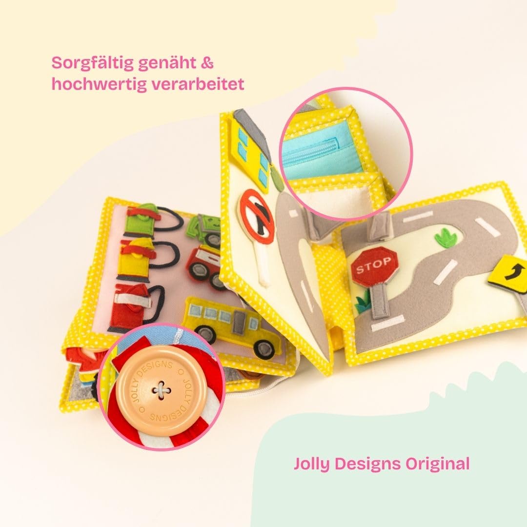 Jolly Designs Mini Quiet Book Mein erster Bagger – Montessori Spielzeug ab 18 Monaten – Busy Book & Stoffbuch aus Filz – Lernspielzeug zu Fahrzeugen & Verkehrsregeln – Motorikbuch für Kleinkinder