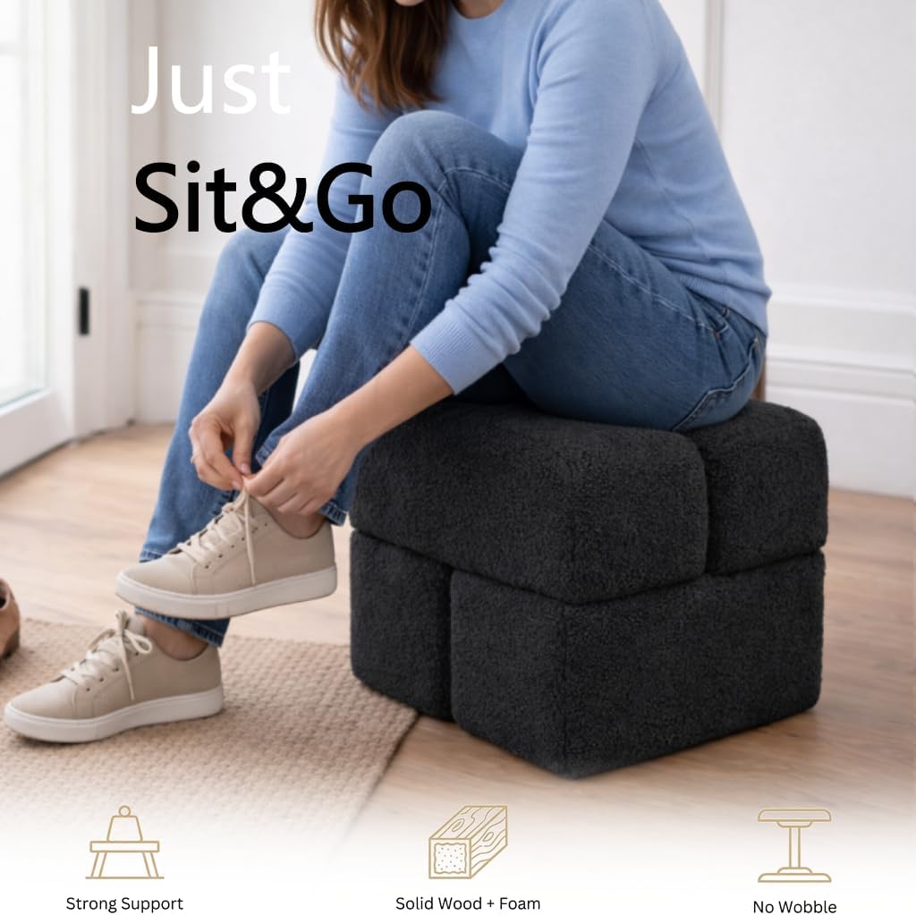 Modular Boucle Ottoman, Upholstered Cube Footstool, Soft Sherpa Fabric, Stackable Accent Ottoman