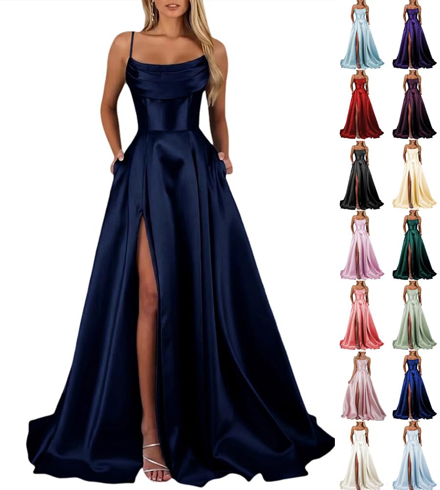 shownicer Vestito Donna Elegante Cerimonia Abiti Lunghi Eleganti Abito Cerimonia Vestiti in Raso da Sera con Spacco